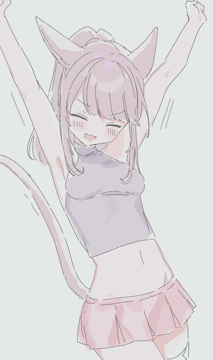 Anime 818x1381 anime girls women portrait display stretching armpits closed eyes cat girl cat ears cat tail miniskirt blushing frills belly belly button minimalism simple background fist open mouth