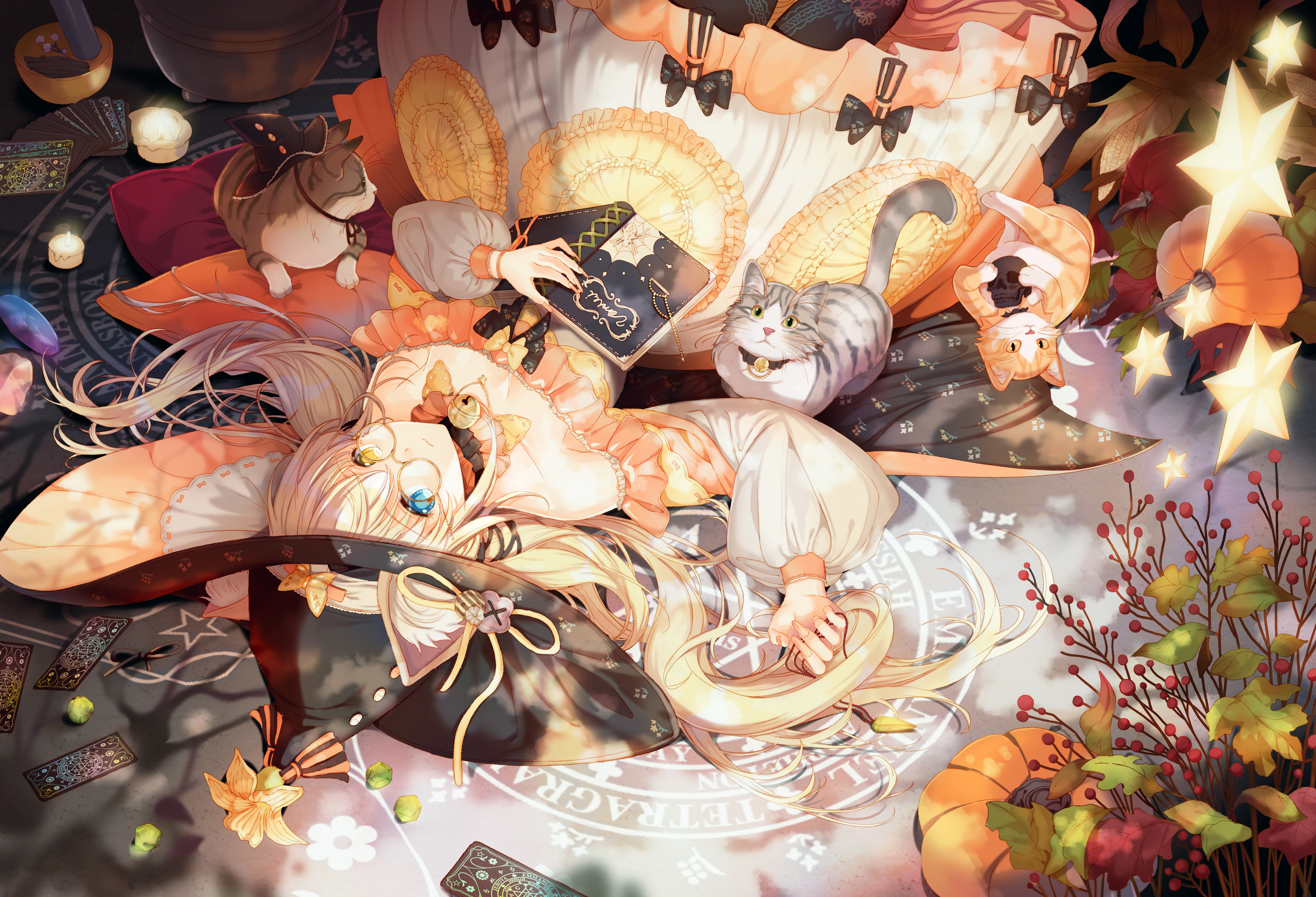 Anime 4768x3252 anime girls witch hat lying down lying on back heterochromia animals cats bare shoulders Renian closed mouth looking at viewer skull pumpkin long sleeves books dress cards glasses plants frills candles stars hat