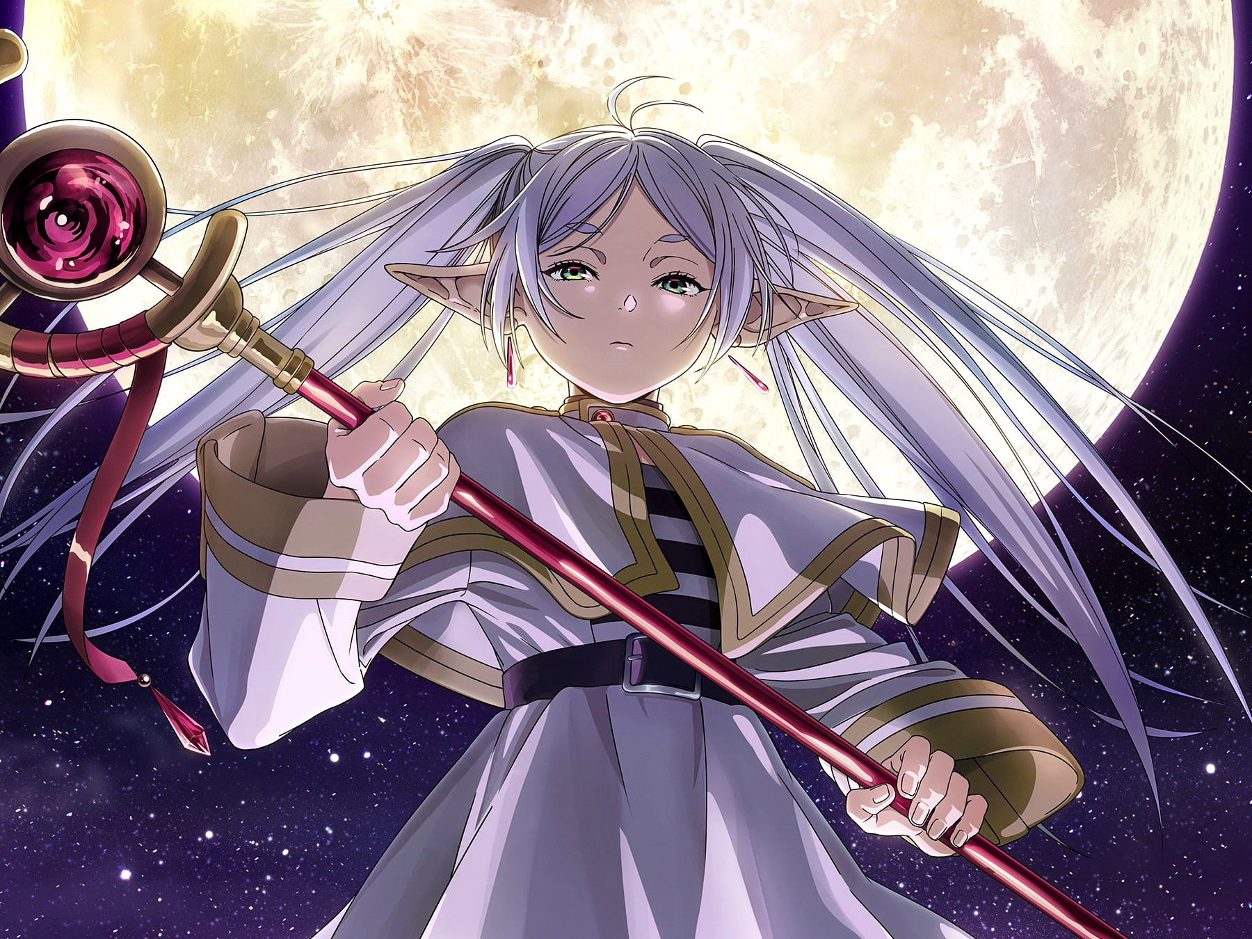 Anime 1800x1350 Sousou No Frieren anime Frieren full moon pointy ears looking at viewer Moon moonlight long hair night stars twintails sky staff earring closed mouth frown anime girls