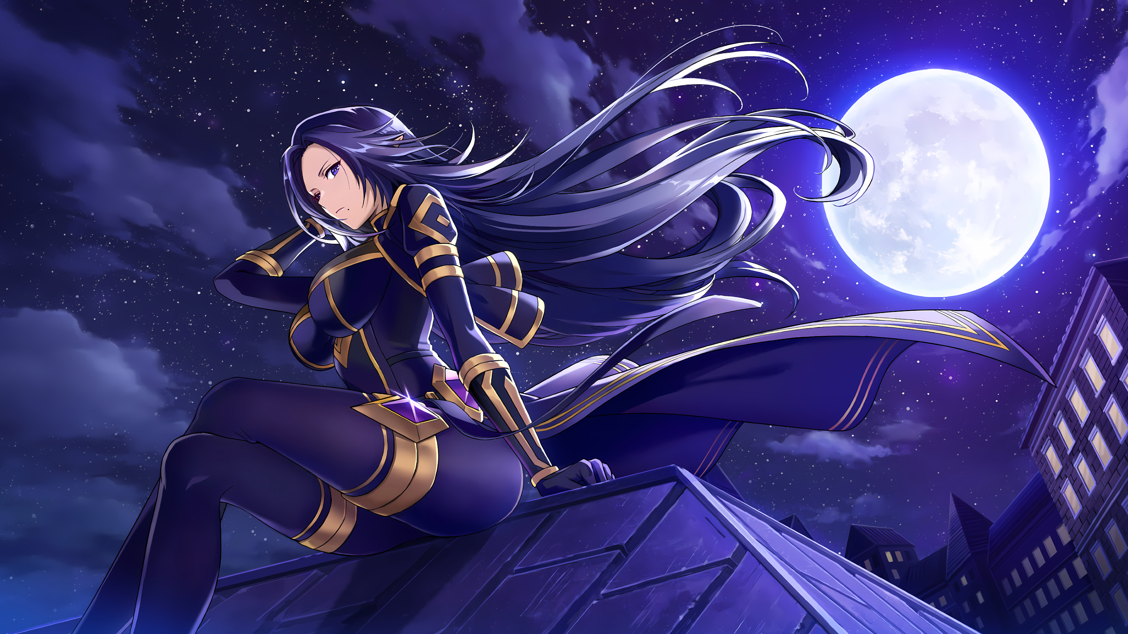 looking at viewer, long hair, blue hair, The Eminence in Shadow, Shadow  Garden, anime, Moon, Silon (Epsilon), scythe, anime girls, moonlight, city  lights, cityscape, twintails, pointy ears, night, sky, purple eyes, clouds