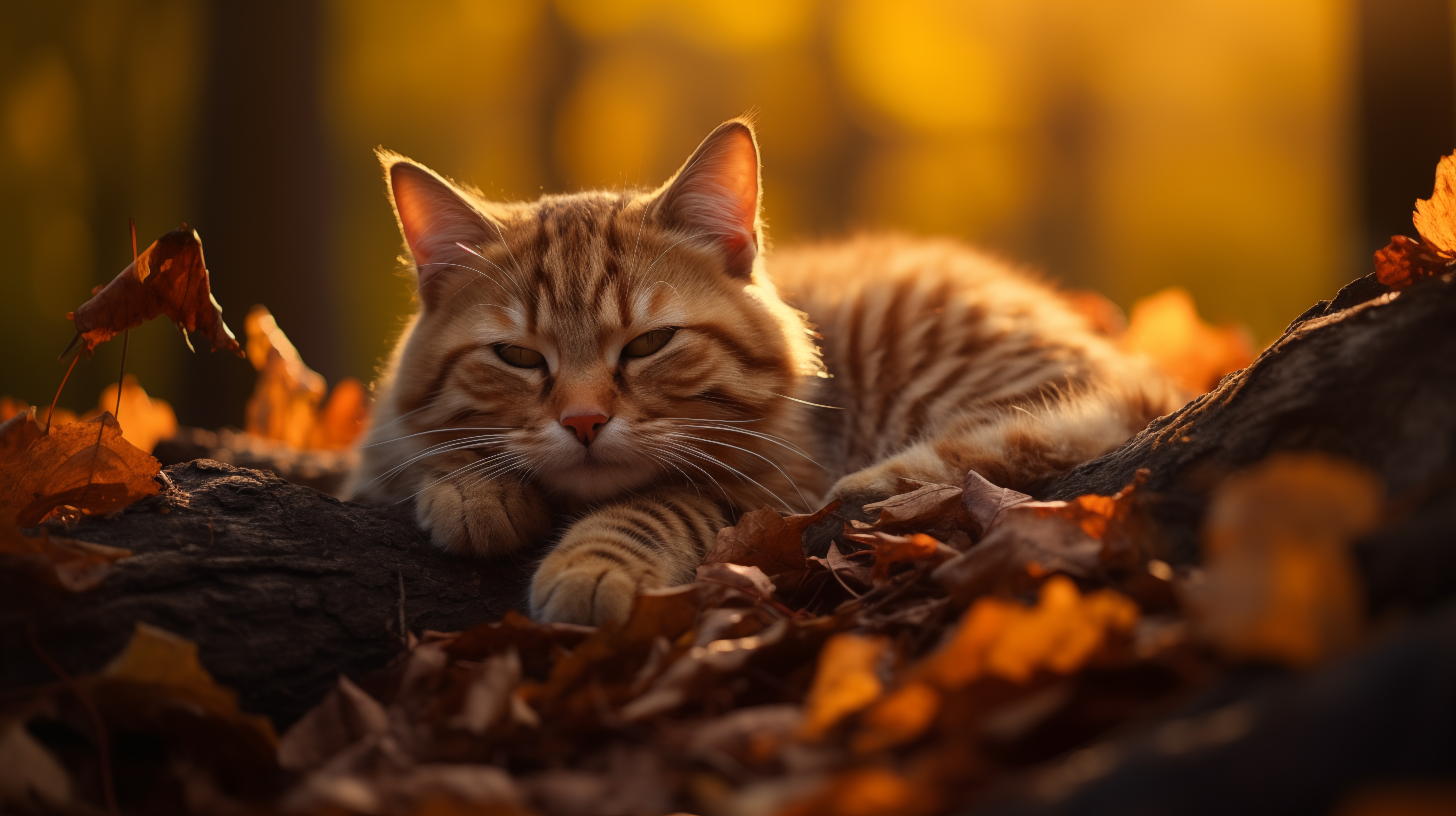 General 5824x3264 AI art tabby cats fall forest leaves backlighting
