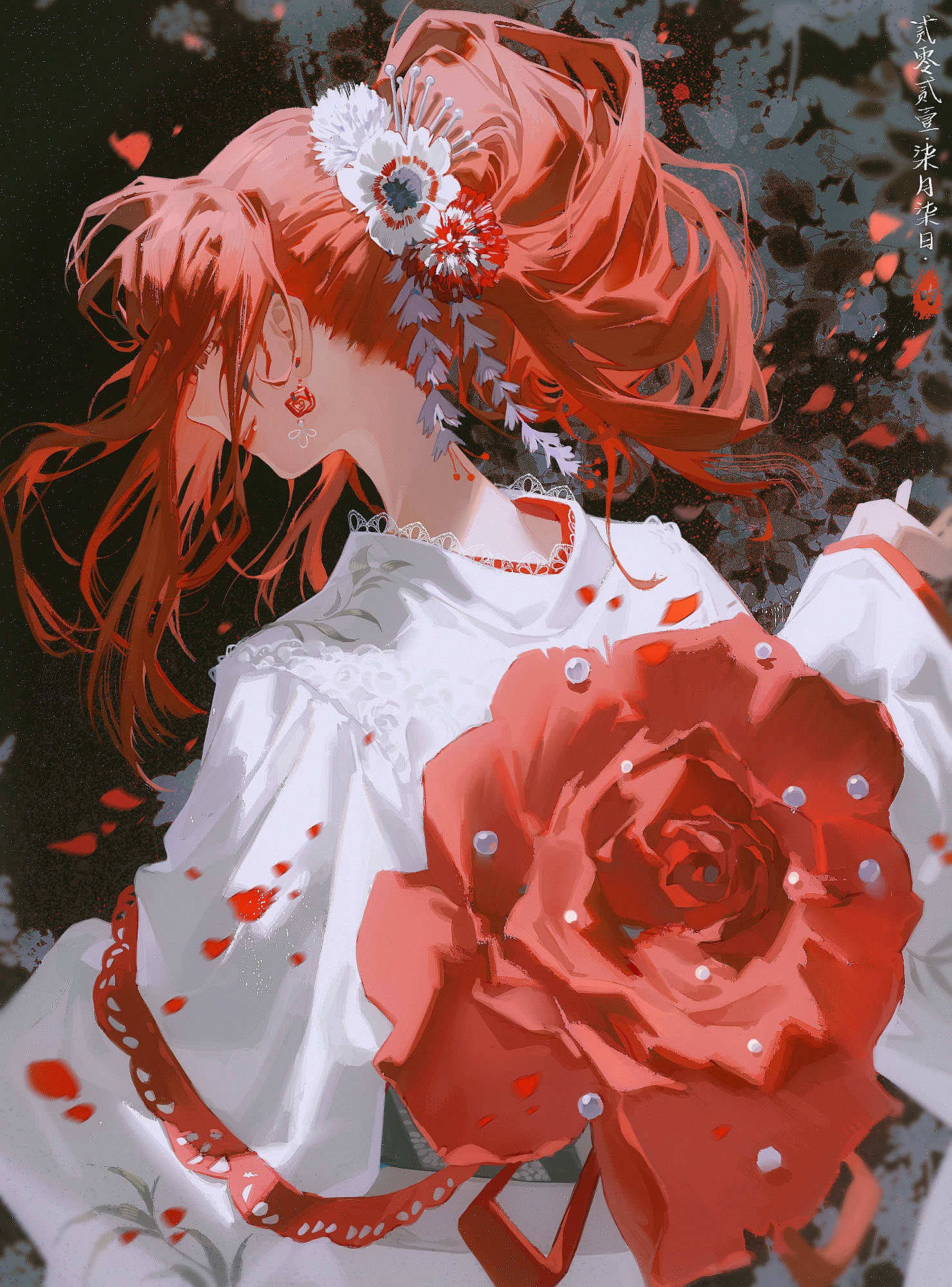 Anime 1479x2000 anime anime girls Pixiv Forever 7th Capital portrait display redhead long hair parted lips Japanese petals dress earring rose looking away