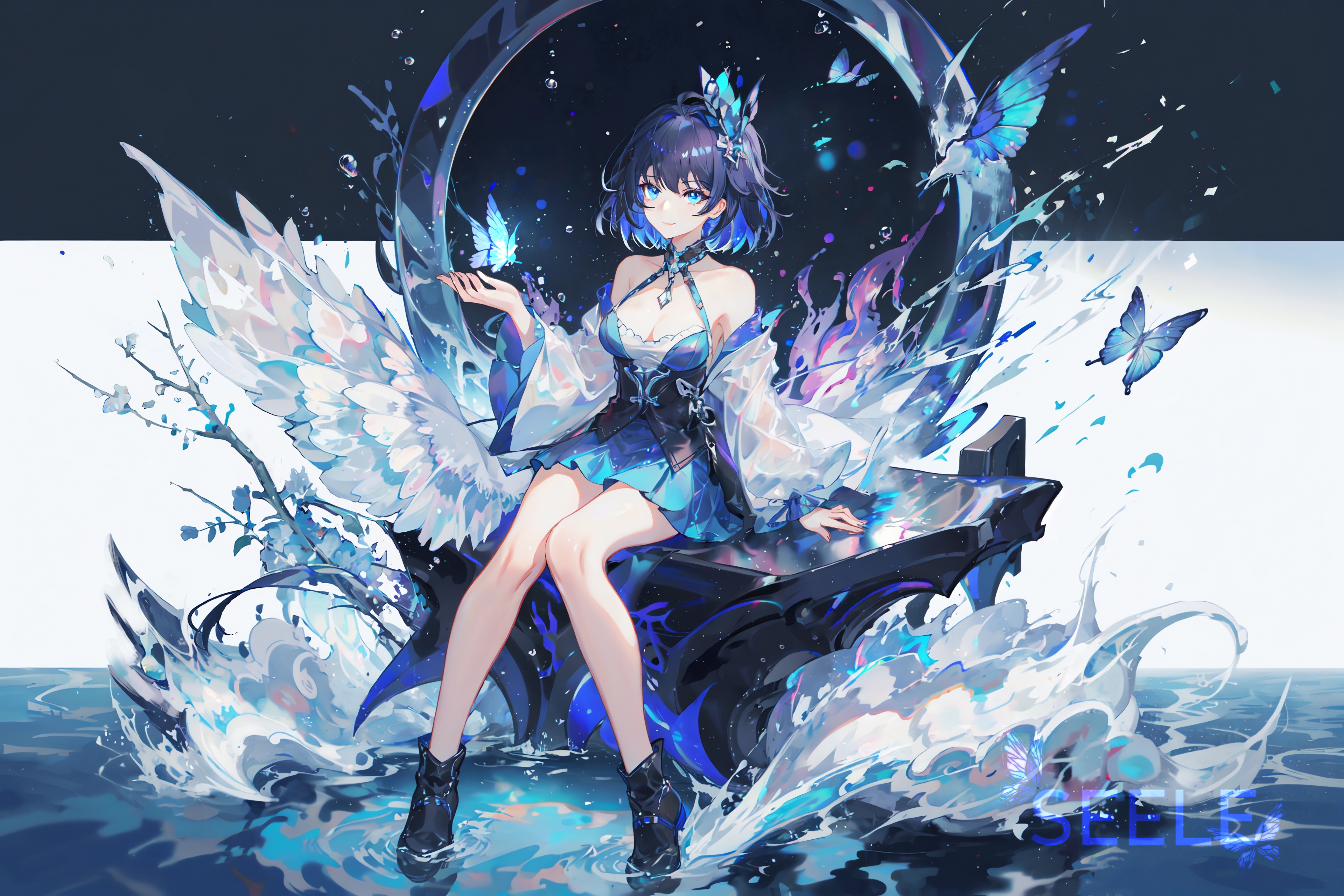 Anime 3840x2560 anime anime girls Pixiv Honkai Impact 3rd Honkai Impact blue hair blue eyes butterfly water miniskirt sitting looking at viewer bare shoulders insect closed mouth smiling simple background frills branch flowers Seele Vollerei