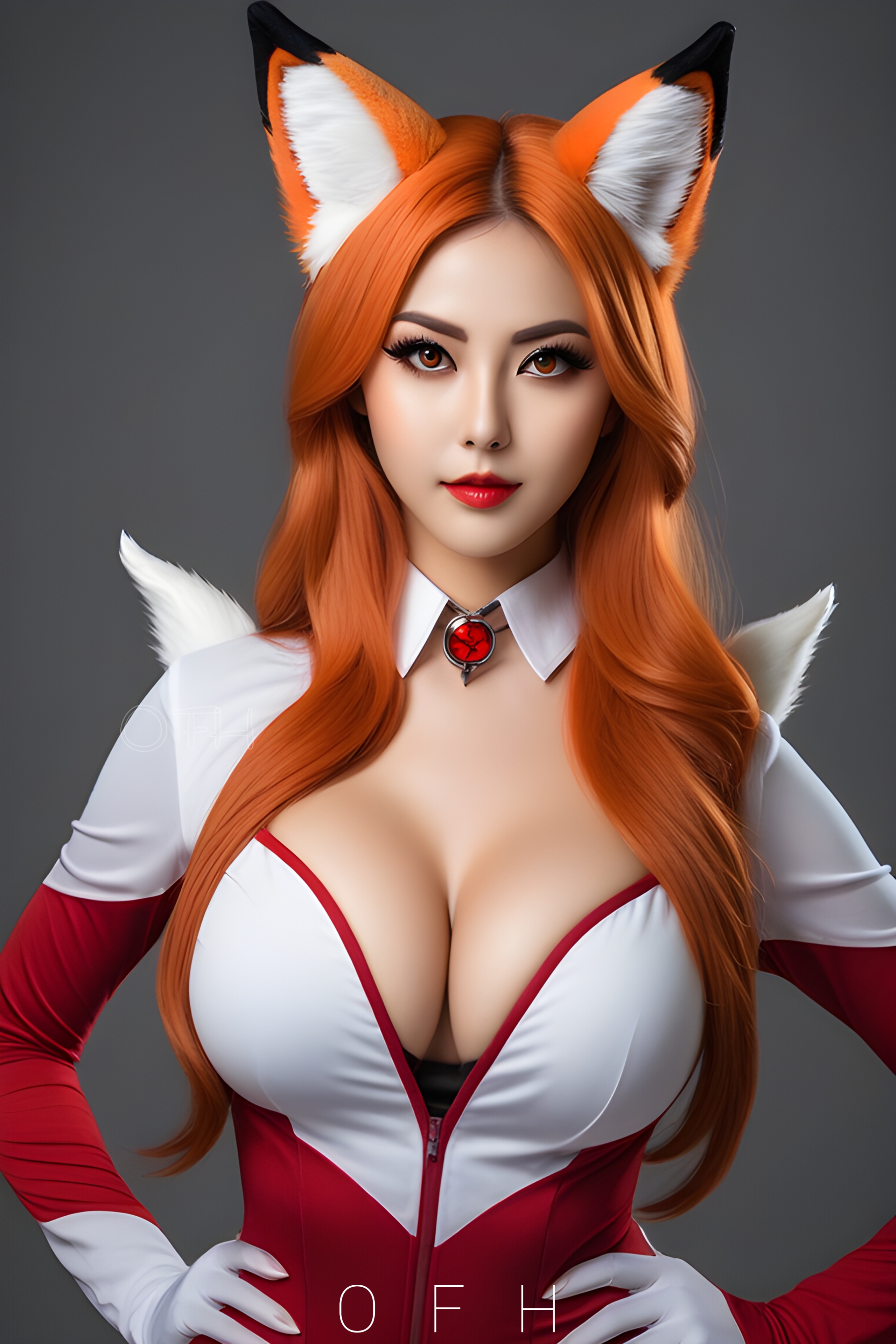 General 2176x3264 AI art OneFinalHug Fox woman cosplay digital art big boobs looking at viewer fictional fantasy art cleavage hands on hips long hair simple background lipstick parted lips red lipstick women minimalism
