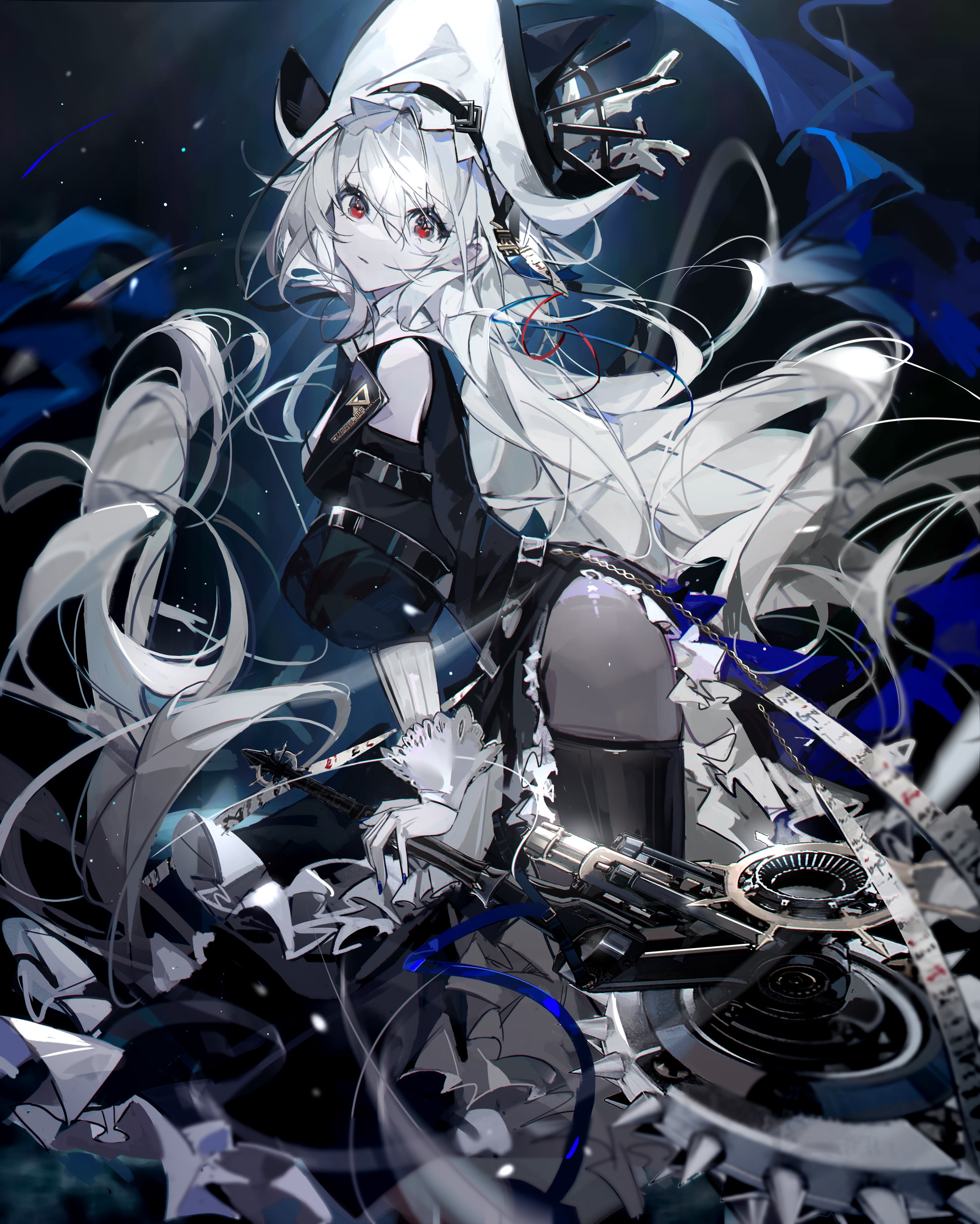 Anime 3281x4096 Lltchi anime anime girls Arknights Specter(Arknights) hat long hair looking at viewer portrait display white hair red eyes thighs