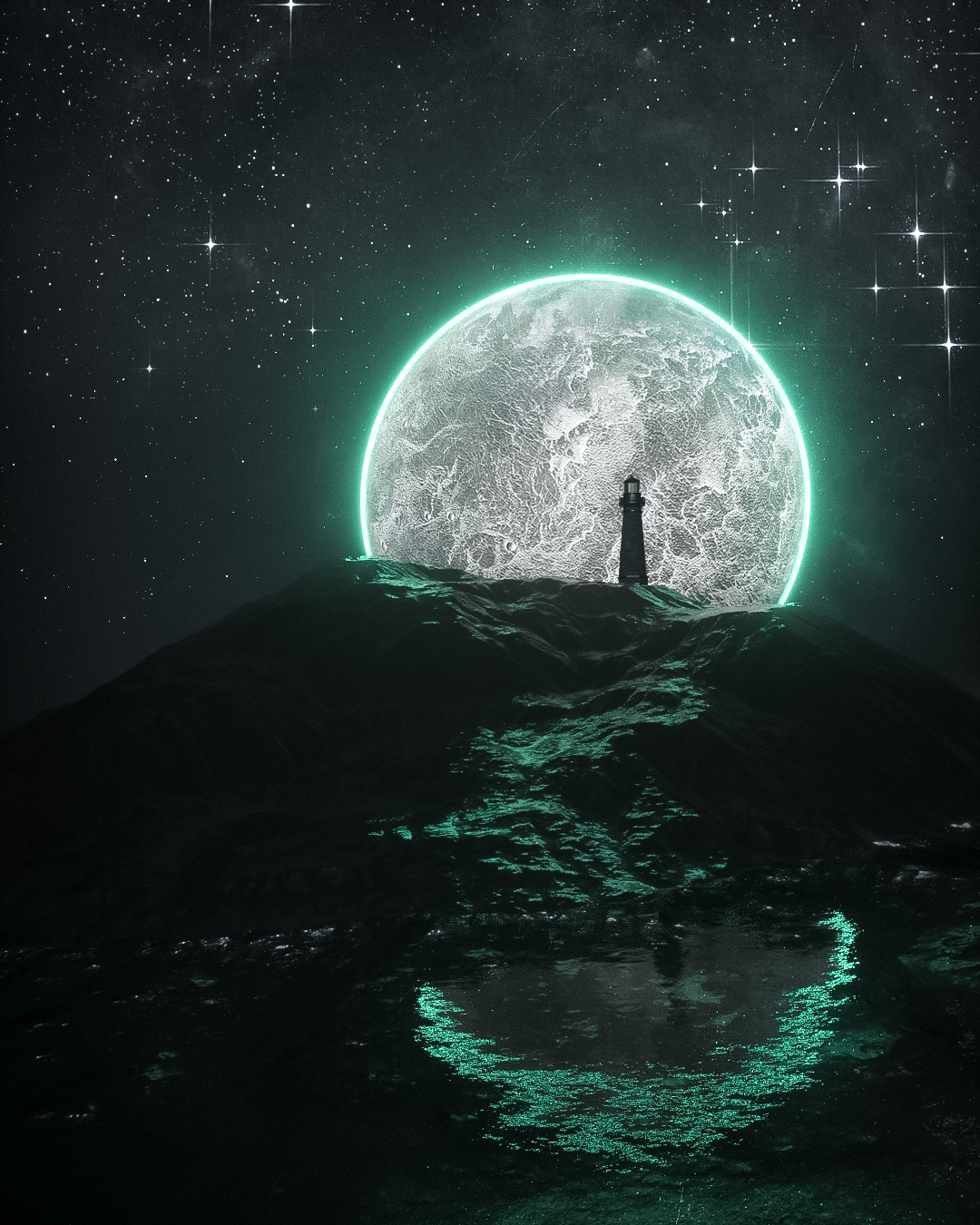 General 1080x1350 3D Abstract abstract lighthouse Moon landscape reflection stars floating particles moonlight glowing neon OctaneRender water portrait display noise digital art sky Alex Agreto