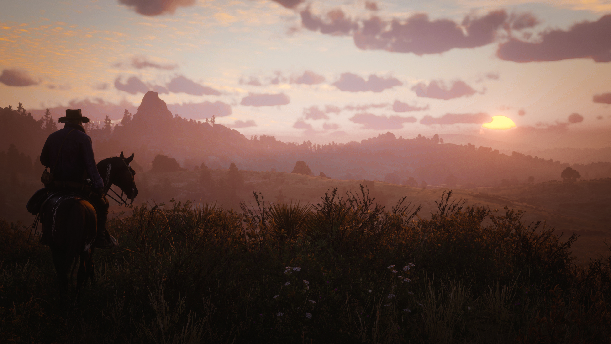 General 2560x1440 game photography Red Dead Redemption 2 Rockstar Games horse animals cowboy PC gaming video games video game characters CGI video game art screen shot sunset sunset glow mountains clouds sky Sun horseback grass cowboy hats