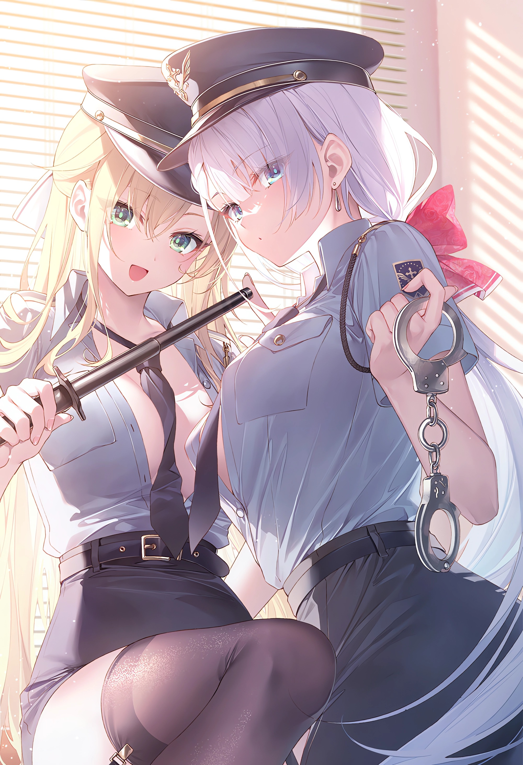 Anime 2000x2922 anime anime girls police costume handcuffs blinds sunlight hat tie item between boobs earring portrait display indoors women indoors open shirt big boobs stockings open mouth police looking at viewer long hair sitting