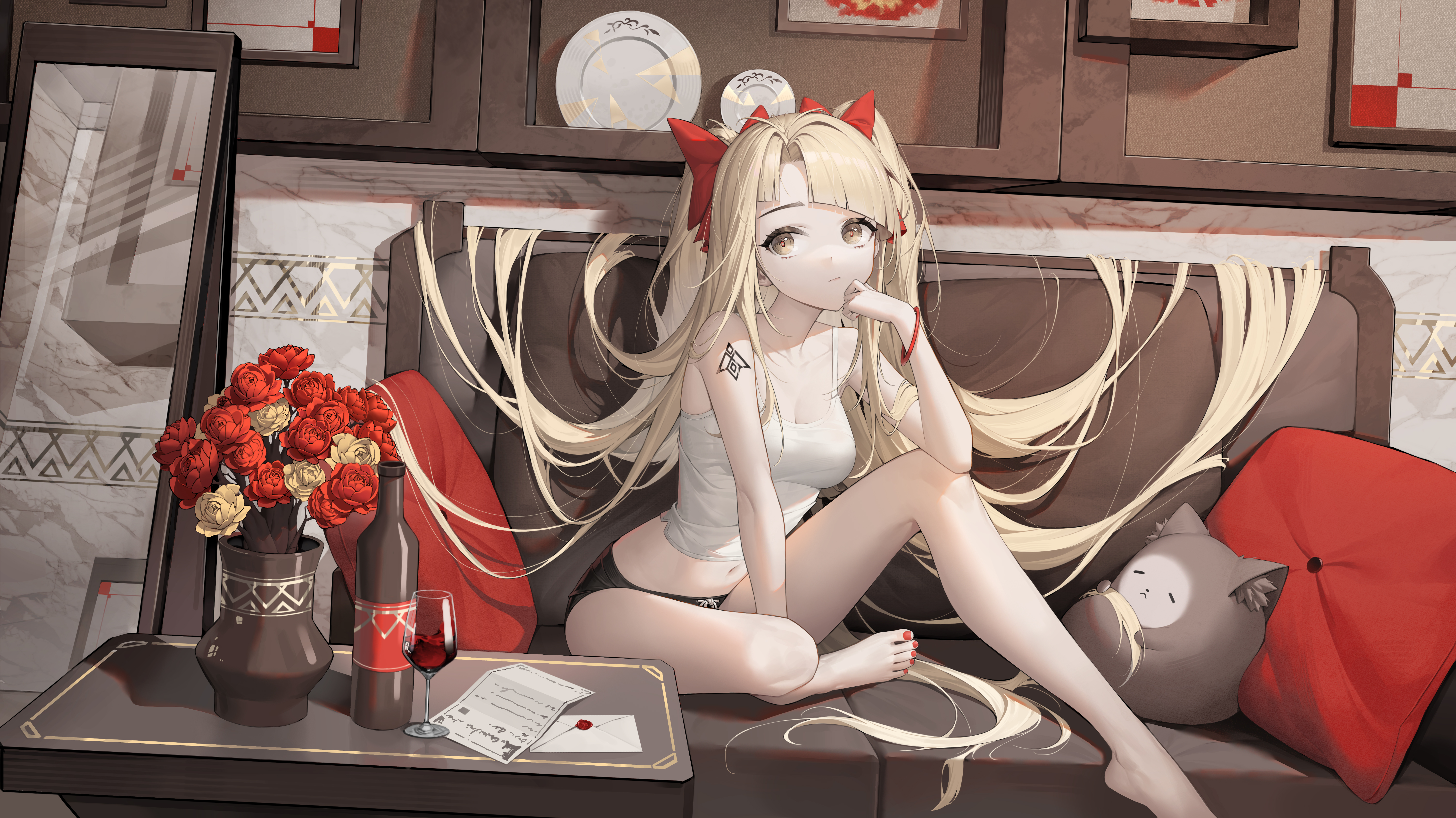Anime 6000x3375 blonde long hair couch underwear drink flowers gray eyes mirror anime girls bracelets looking away sitting table wine bottles drinking glass paper letter plates pillow indoors women indoors panties feet