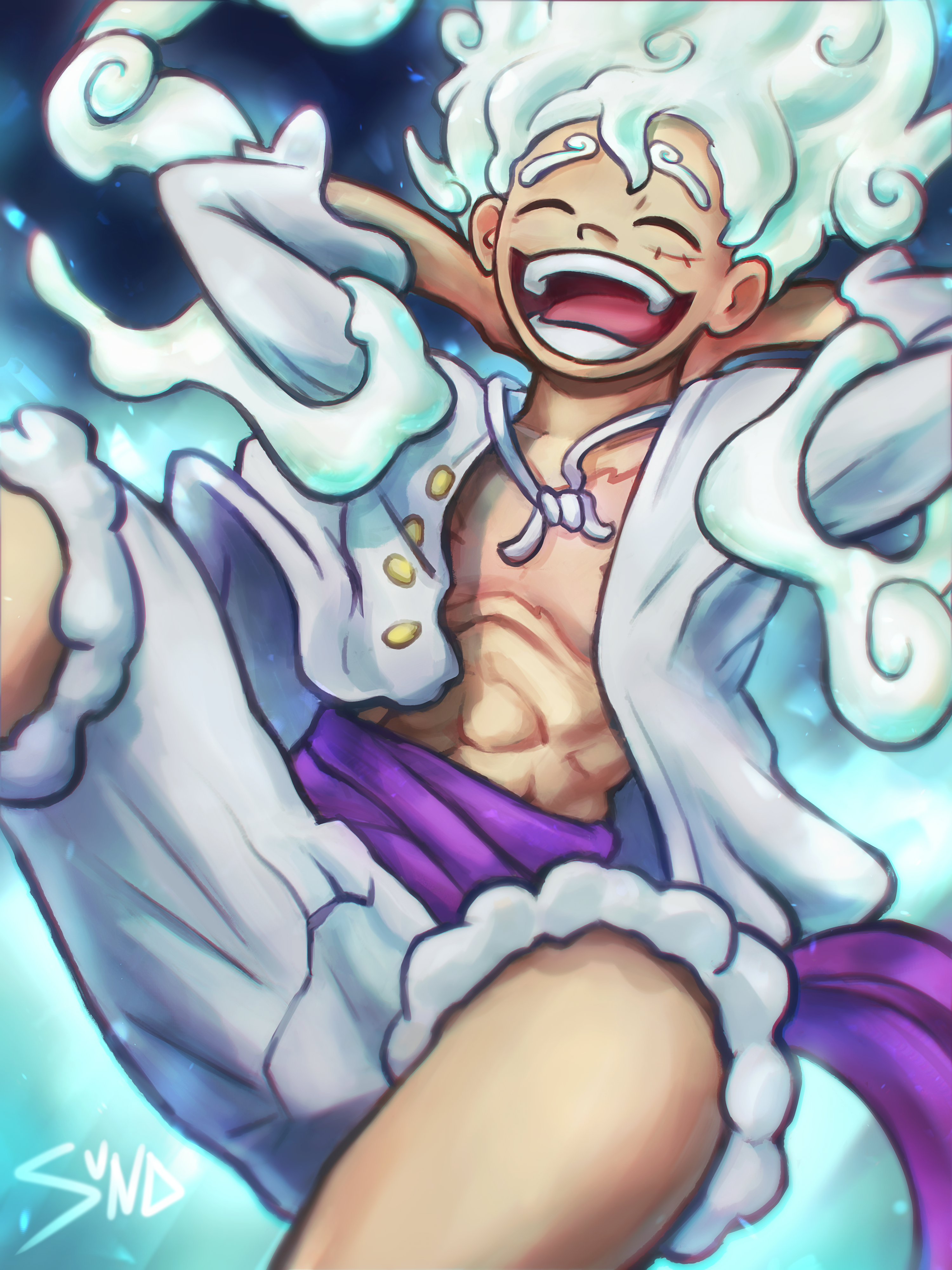 Anime 3000x4000 Monkey D. Luffy Gear 5th One Piece anime boys scars laughing white hair portrait display open mouth closed eyes signature open shirt arm(s) behind head teeth