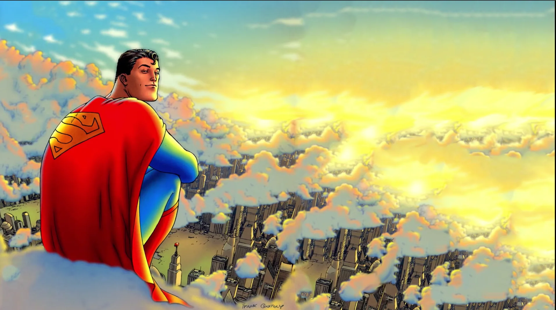 General 1916x1070 Superman superman logo comic art comic character city clouds sunset Frank Quitely sitting Grant Morrison sky cityscape cape smiling looking at viewer sunlight skyscraper