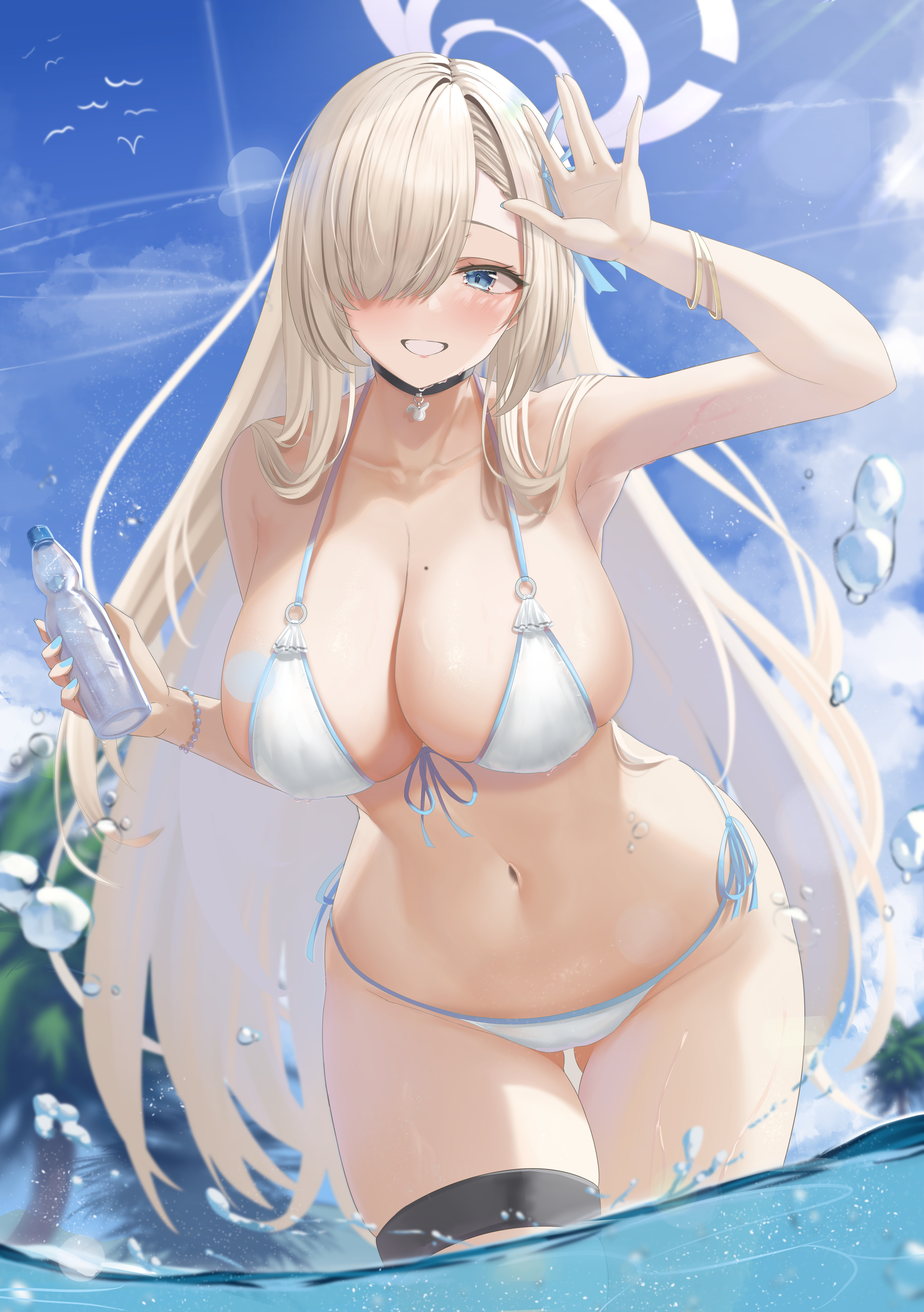 Anime 3652x5184 Blue Archive white bikini anime girls portrait display Asuna Ichinose swimwear water drops water bottle white swimsuit big boobs huge breasts cleavage standing in water water belly hair over one eye belly button thigh strap Arikawa Rui blue eyes long hair bracelets outdoors blushing blonde mole on breast moles alternate costume choker clouds birds trees smiling thighs