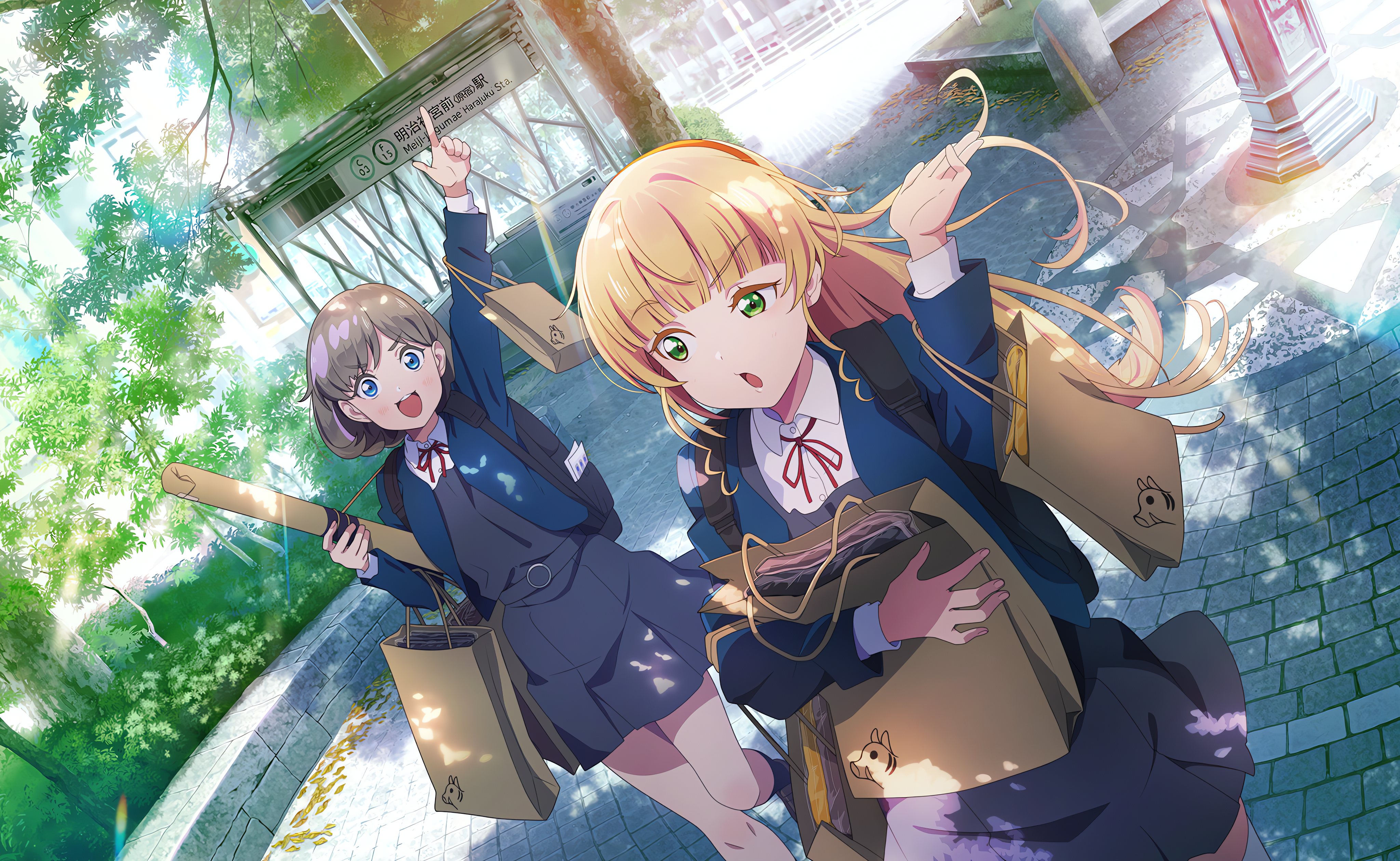 Anime 4096x2520 Heanna Sumire Love Live! Love Live! Sunshine anime anime girls walking schoolgirl school uniform bag long hair sunlight trees open mouth short hair backpacks