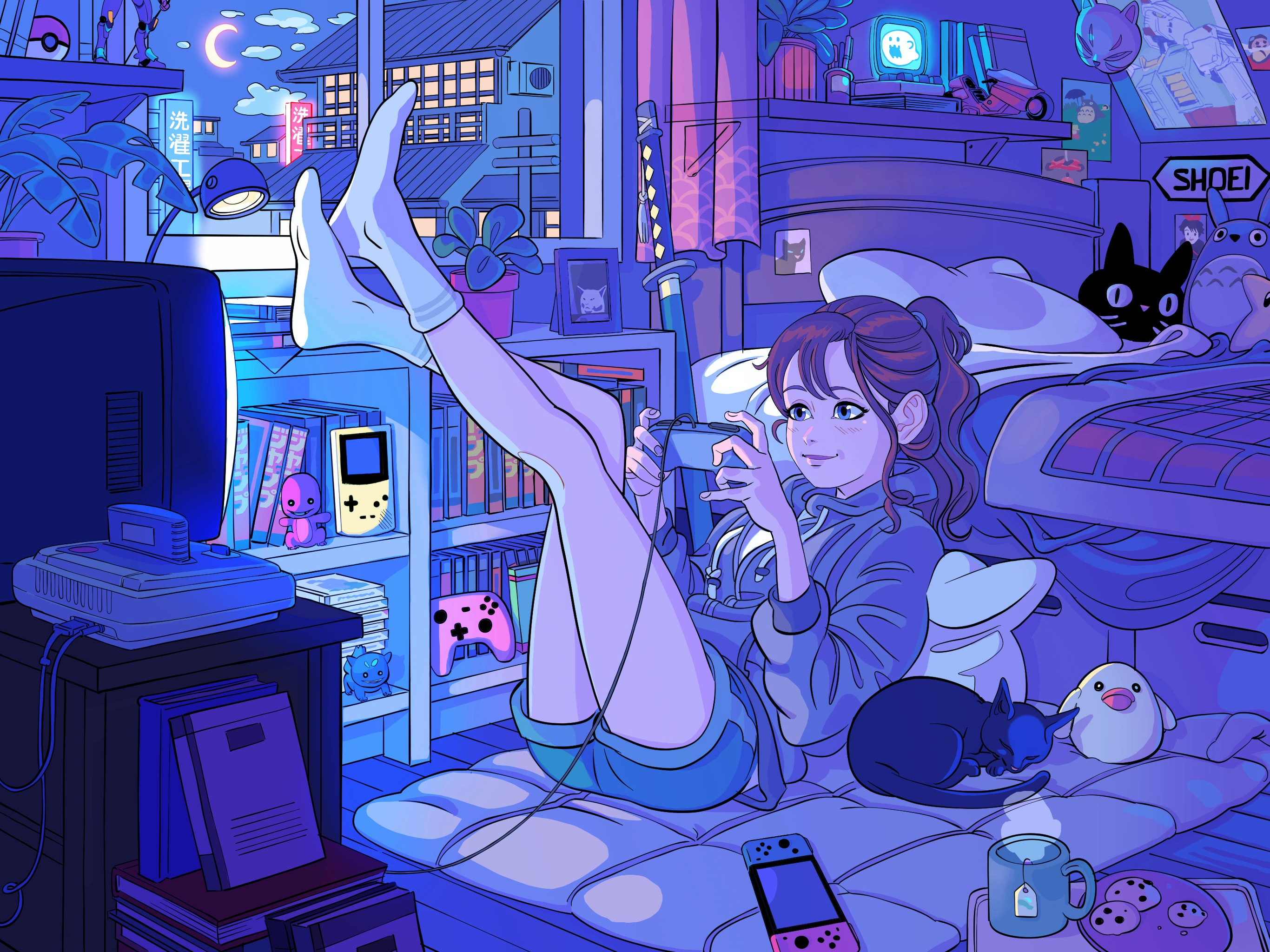 General 2732x2048 Chris Alliel digital art artwork illustration women blue room indoors environment bed Nintendo Switch GameBoy Color playing cats in bedroom controllers smiling consoles