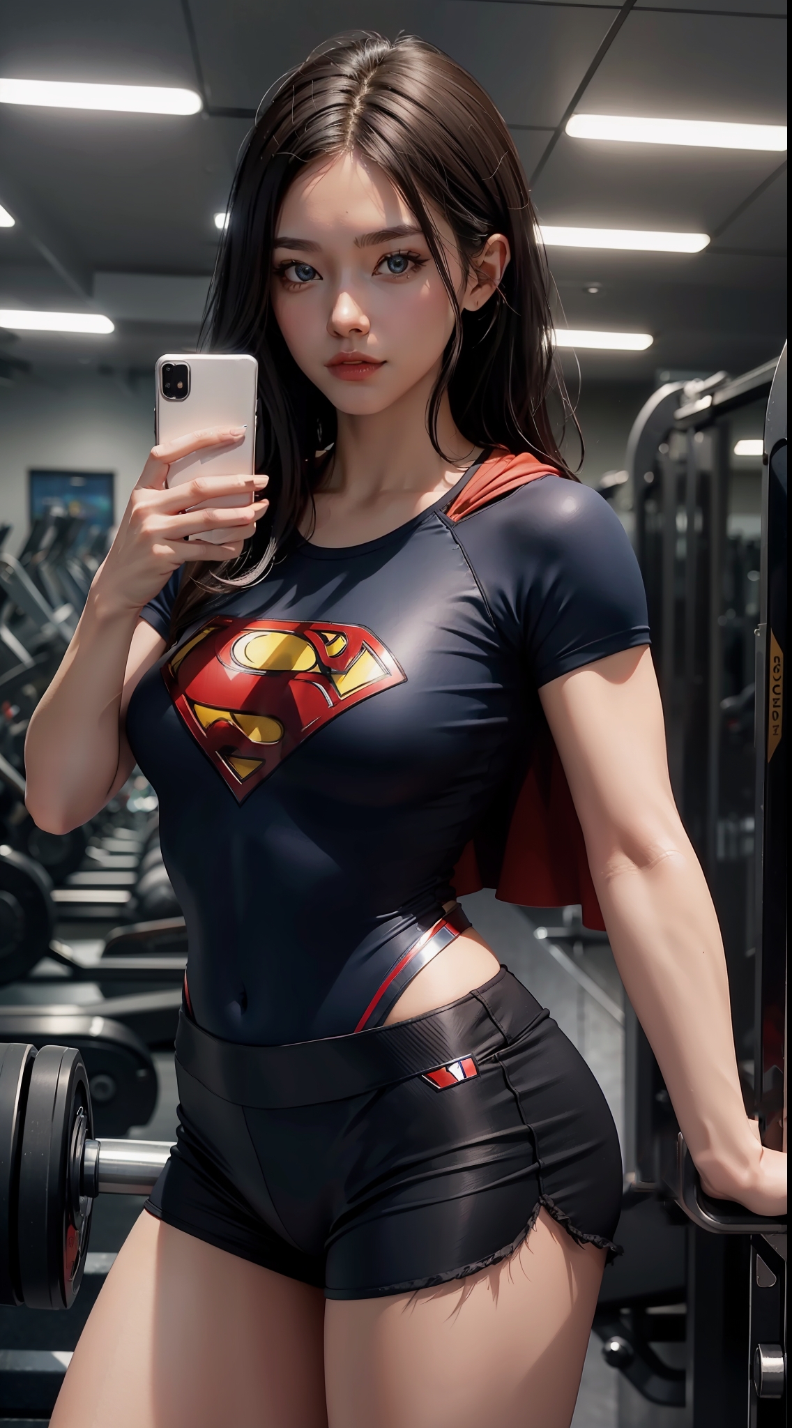 General 1136x2048 AI art gym cap Asian women portrait display phone selfies short shorts thighs gym equipment looking at viewer long hair