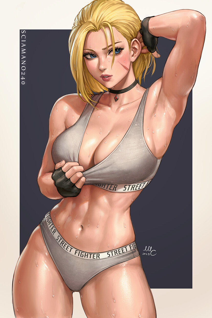 General 867x1300 Mirco Cabbia drawing Cammy White Street Fighter women frame portrait display sports bra sports panties cleavage big boobs choker looking away gloves fingerless gloves blonde blue eyes simple background minimalism sweat sweaty body belly belly button armpits scars