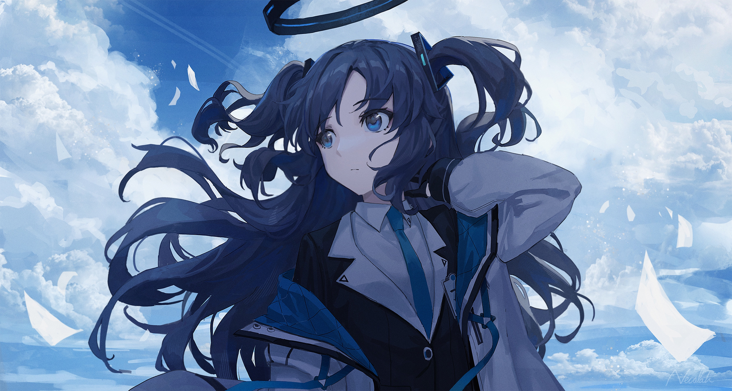 Anime 2500x1334 anime anime girls windy looking away clouds long hair sky twintails dark blue hair blue eyes Blue Archive Hayase Yuuka paper