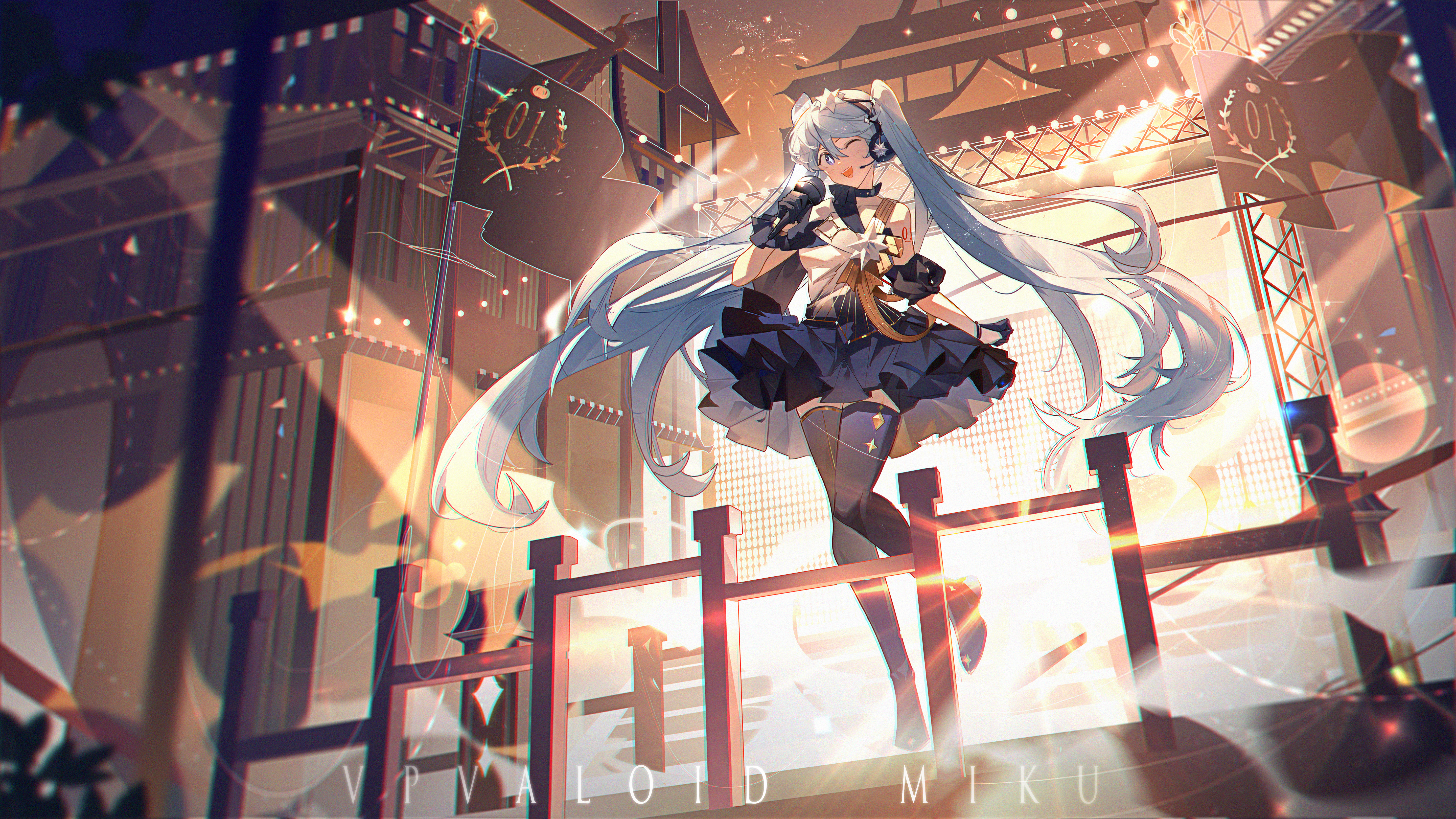 Anime 5761x3240 Hatsune Miku anime Vocaloid anime girls twintails one eye closed blue hair blue eyes microphone dress looking at viewer stage light flag stockings gloves long hair