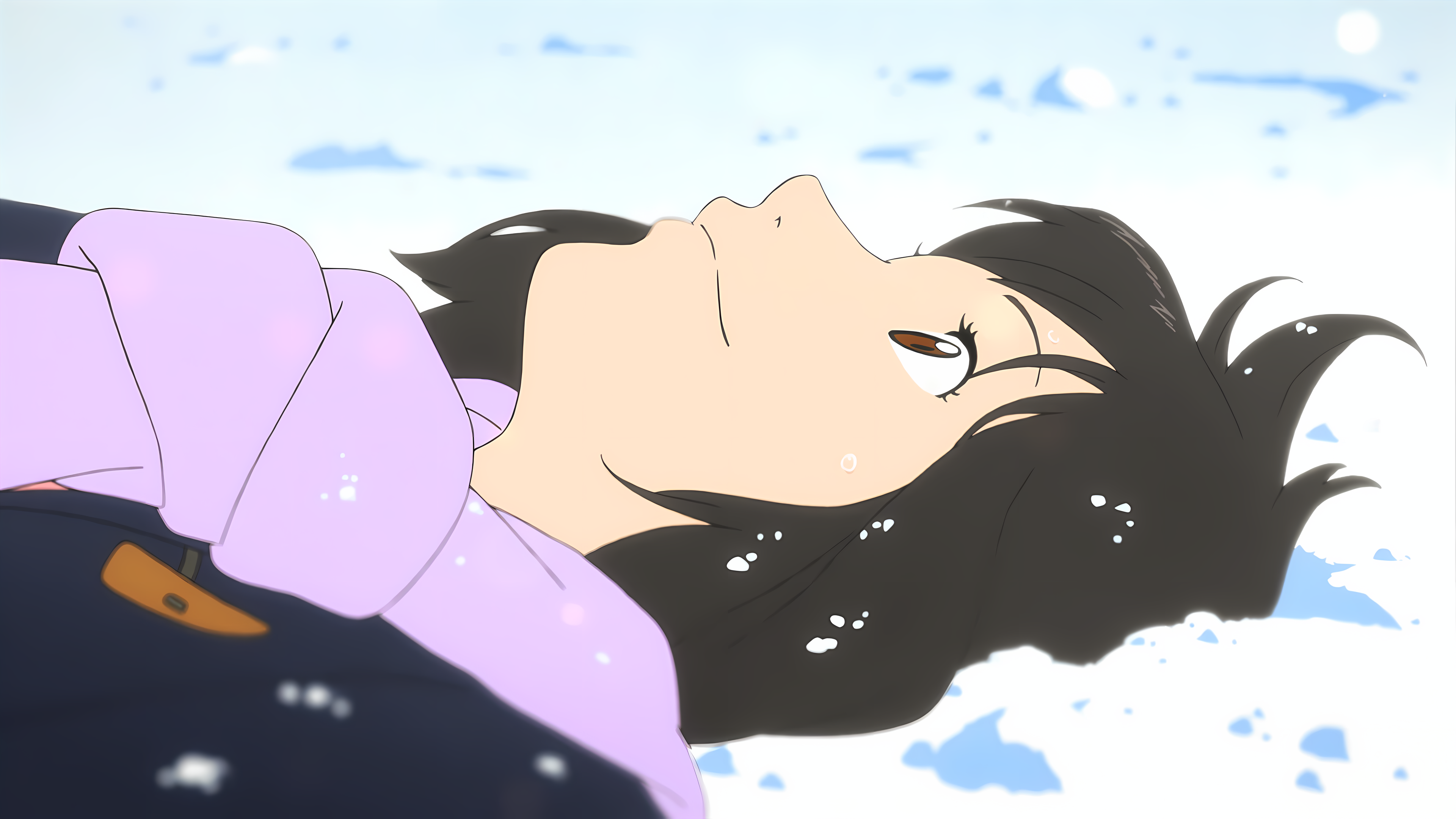 Anime 3840x2160 Wolf Children snow winter upscaled scarf anime girls Anime screenshot lying on back lying down