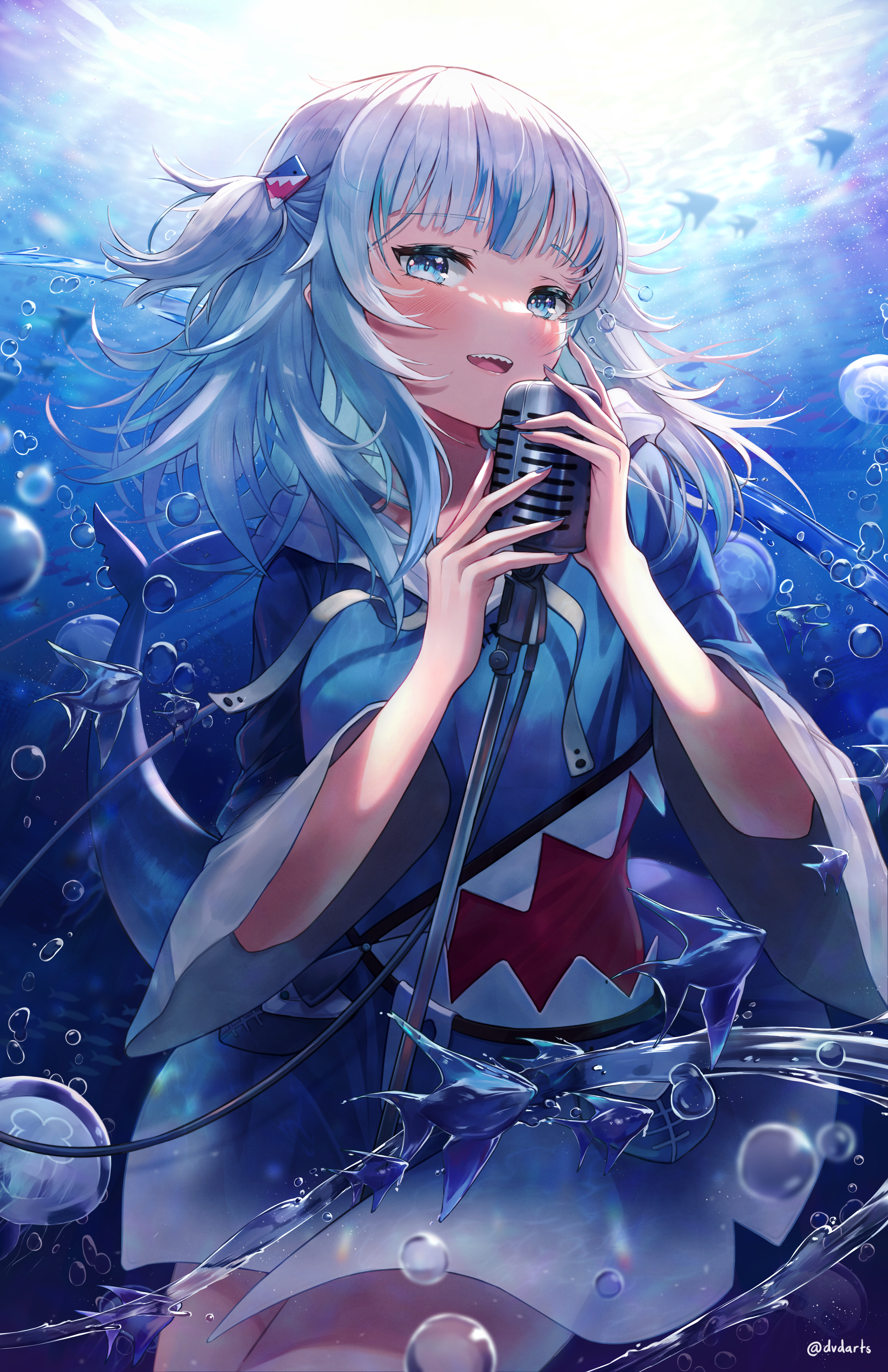 Anime 3300x5100 anime anime girls Virtual Youtuber Hololive Gawr Gura tail underwater bubbles blue eyes shark tail microphone blushing fish portrait display dvdarts water looking at viewer sunlight in water two tone hair watermarked