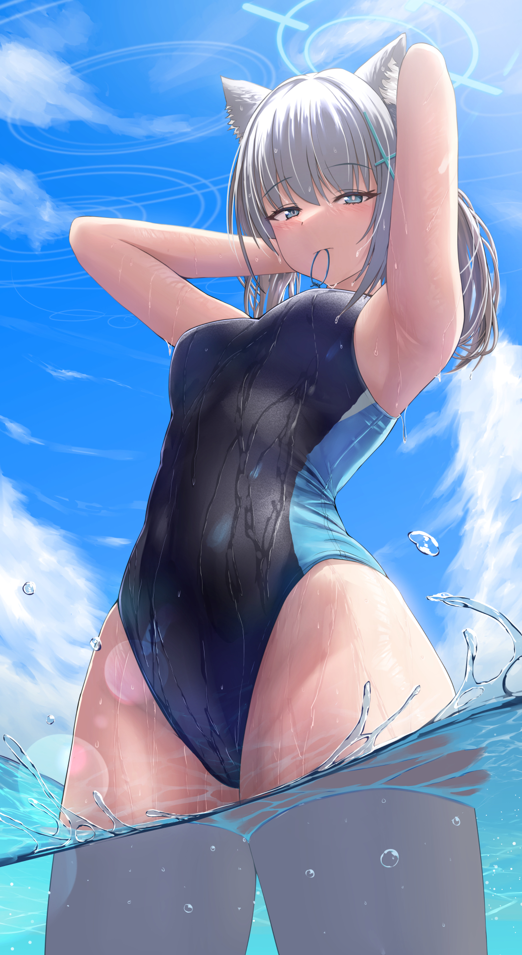 Anime 1049x1920 Blue Archive swimwear anime girls portrait display Shiroko (Blue Archive) wet looking at viewer water one-piece swimsuit thighs wet swimsuit gray hair animal ears blue eyes wet body wolf ears wolf girls water drops standing in water clouds silver bullet sunlight big boobs thick thigh standing armpits