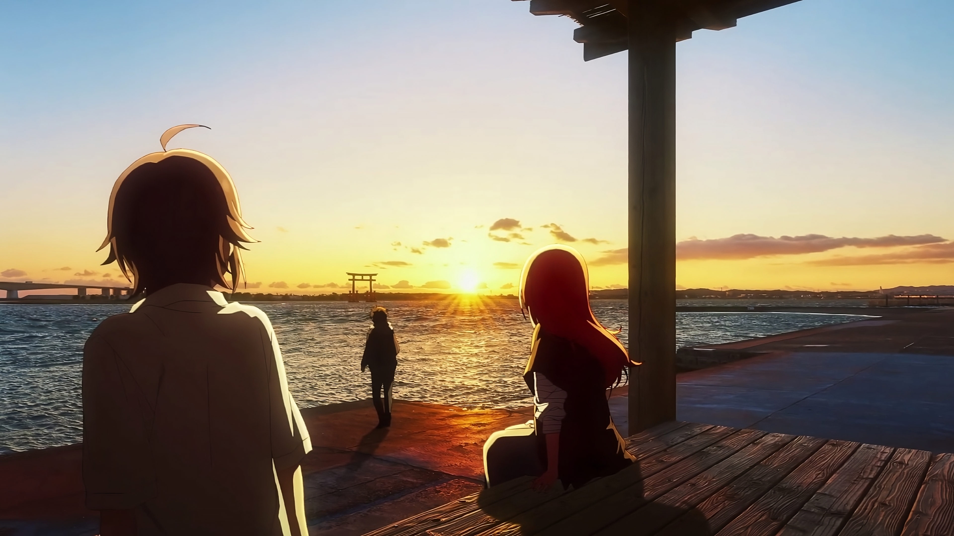 Anime 3840x2160 The Dreaming Boy is a Realist anime anime girls Anime screenshot water sunset sunset glow torii standing looking into the distance clouds sky anime boys animeirl