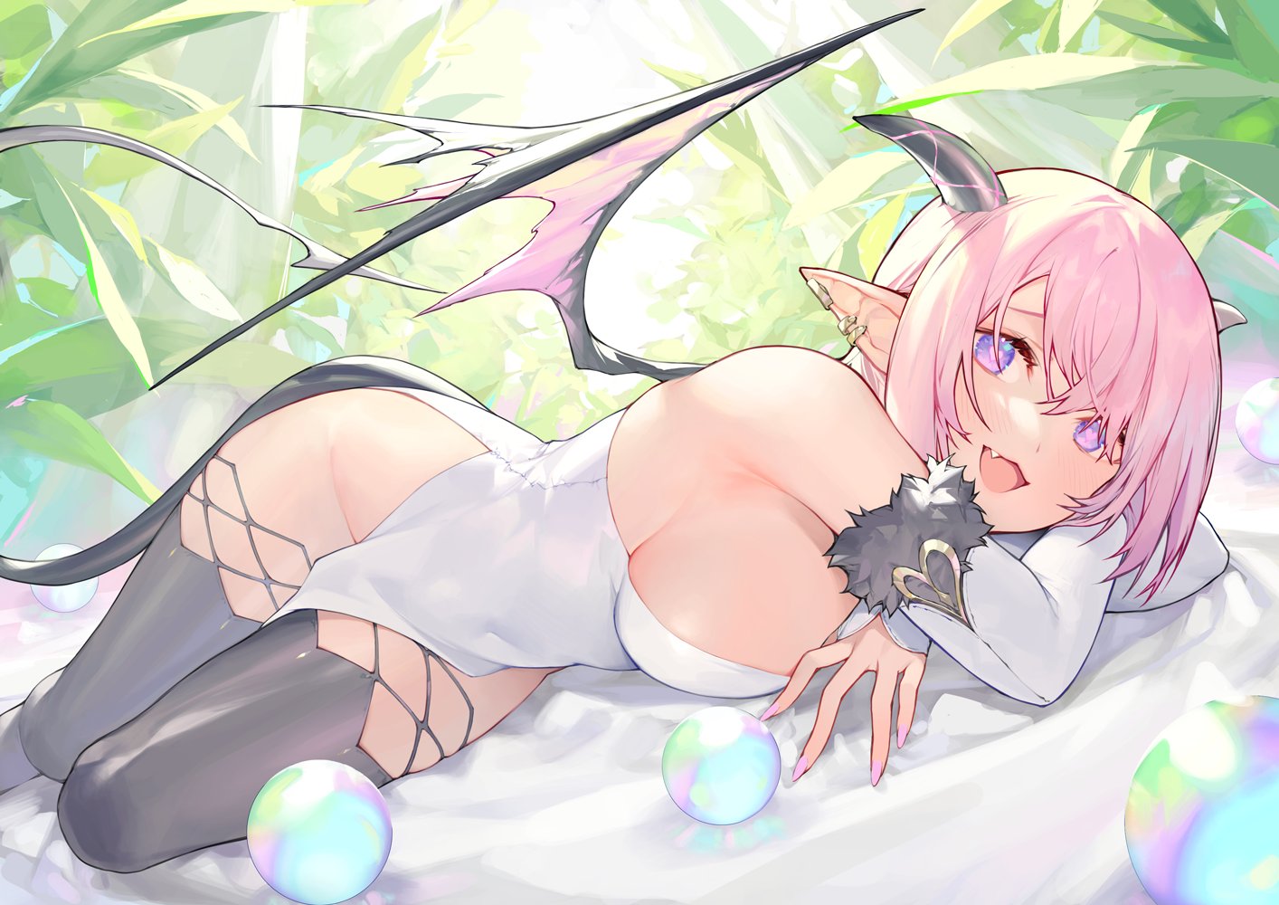 Anime 1414x1000 anime girls succubus lying on side lying down pointy ears big boobs thighs wings leaves open mouth earring pink hair purple eyes looking at viewer heart eyes horns sunlight