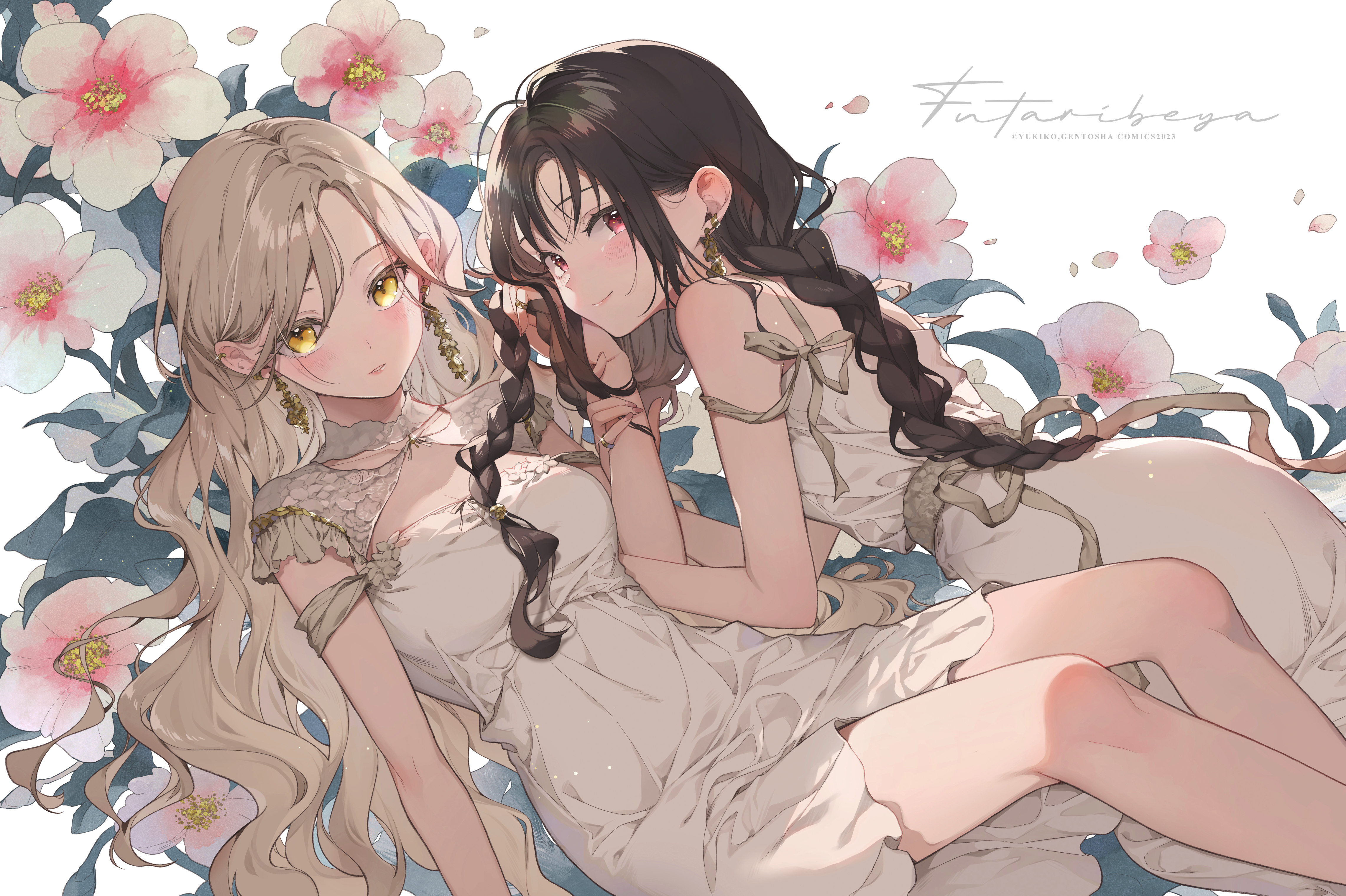 Anime 4565x3040 anime anime girls dress flowers long hair looking at viewer smiling signature petals twintails earring braids two women