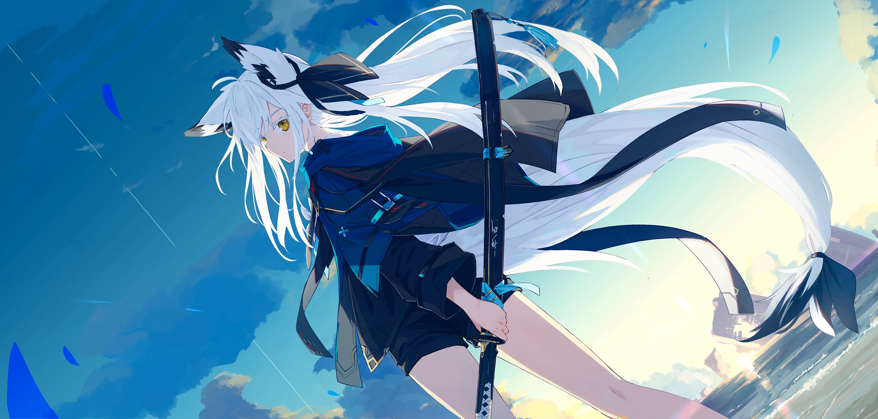 Anime 2831x1351 katana white hair long hair water sunlight sky clouds weapon standing