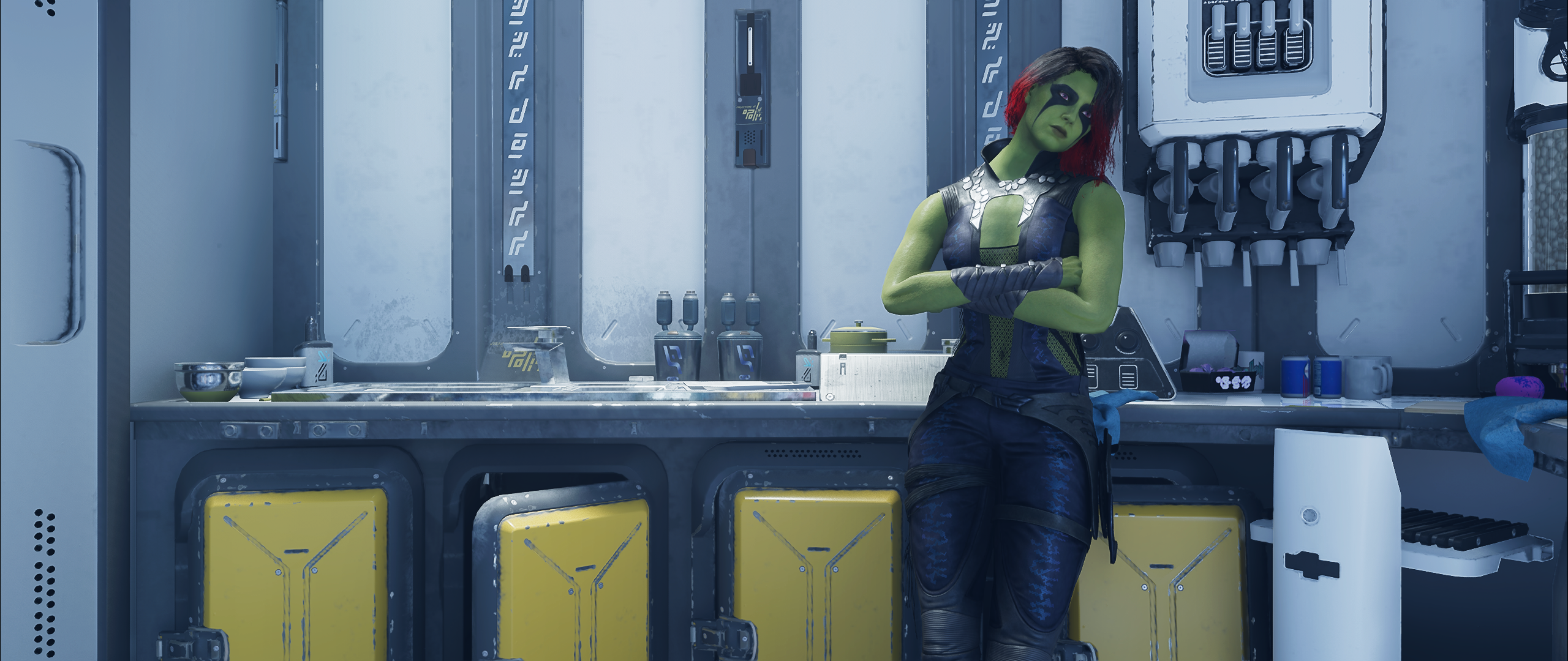 General 2560x1080 Guardians of the Galaxy Guardians of the Galaxy (Game) video games screen shot CGI standing arms crossed looking away gradient hair two tone hair video game characters green skin