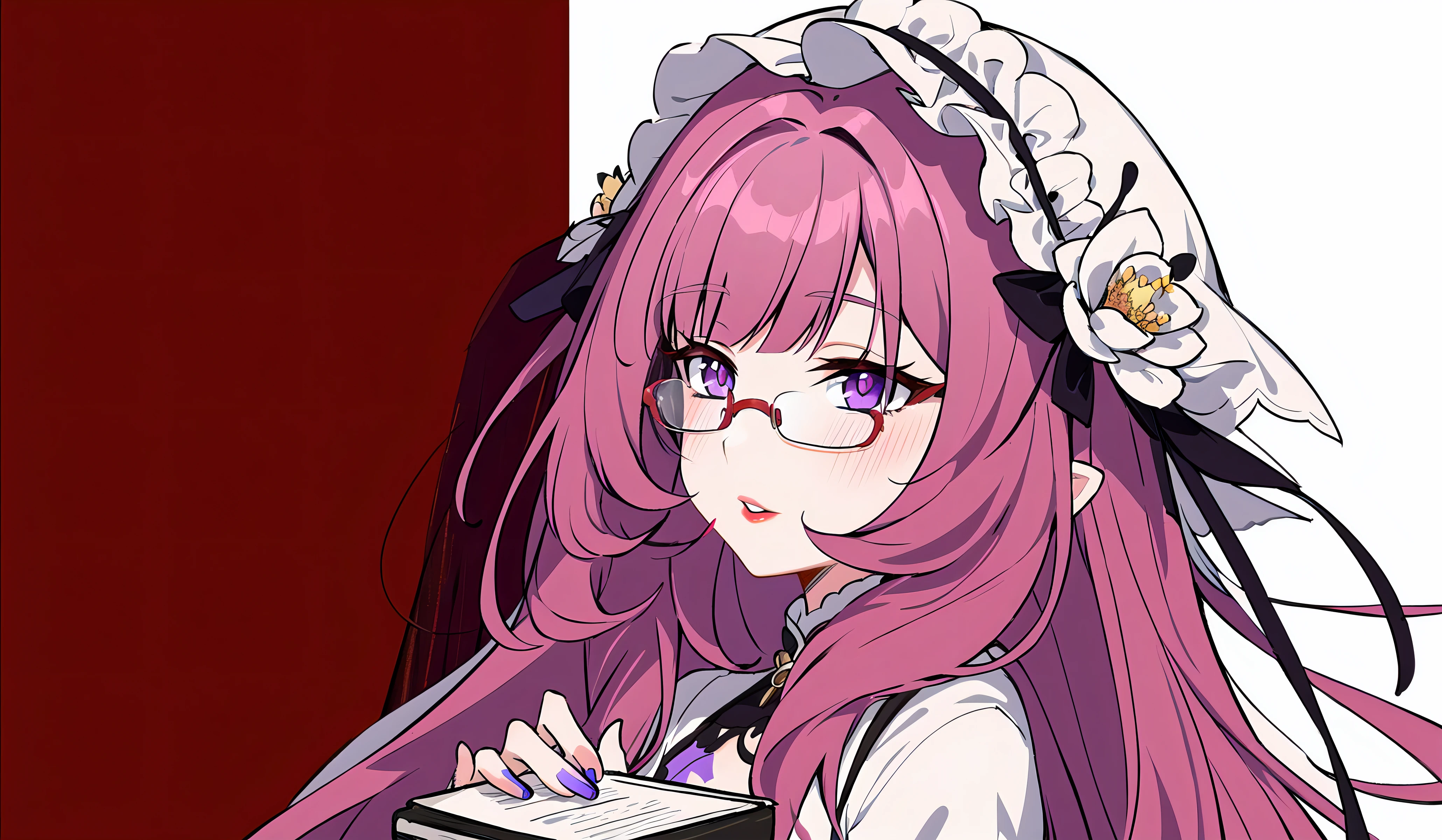 Anime 4120x2400 anime anime girls long hair glasses blushing purple eyes pointy ears hat painted nails minimalism simple background AI art