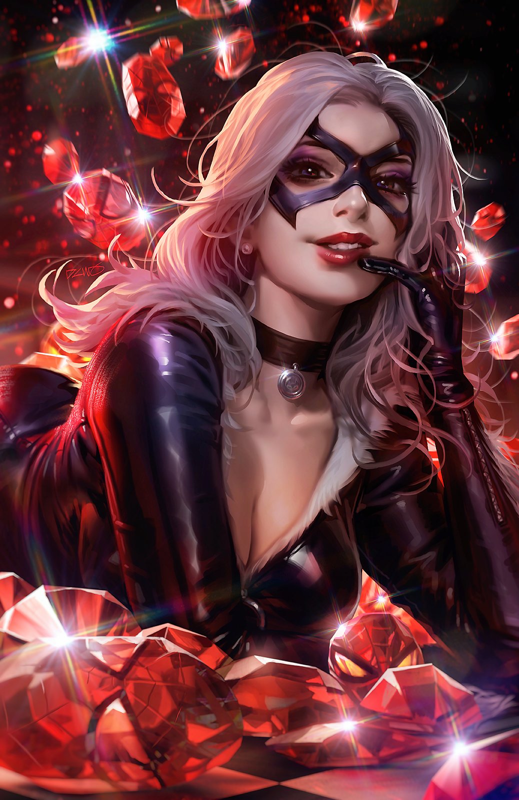 General 1038x1600 Marvel Comics Spider-Man portrait display women Felicia Hardy Black Cat long hair white hair bodysuit looking at viewer black gloves choker cleavage big boobs mask ruby sparkles Derrick Chew red lipstick lying on front smiling latex checkered