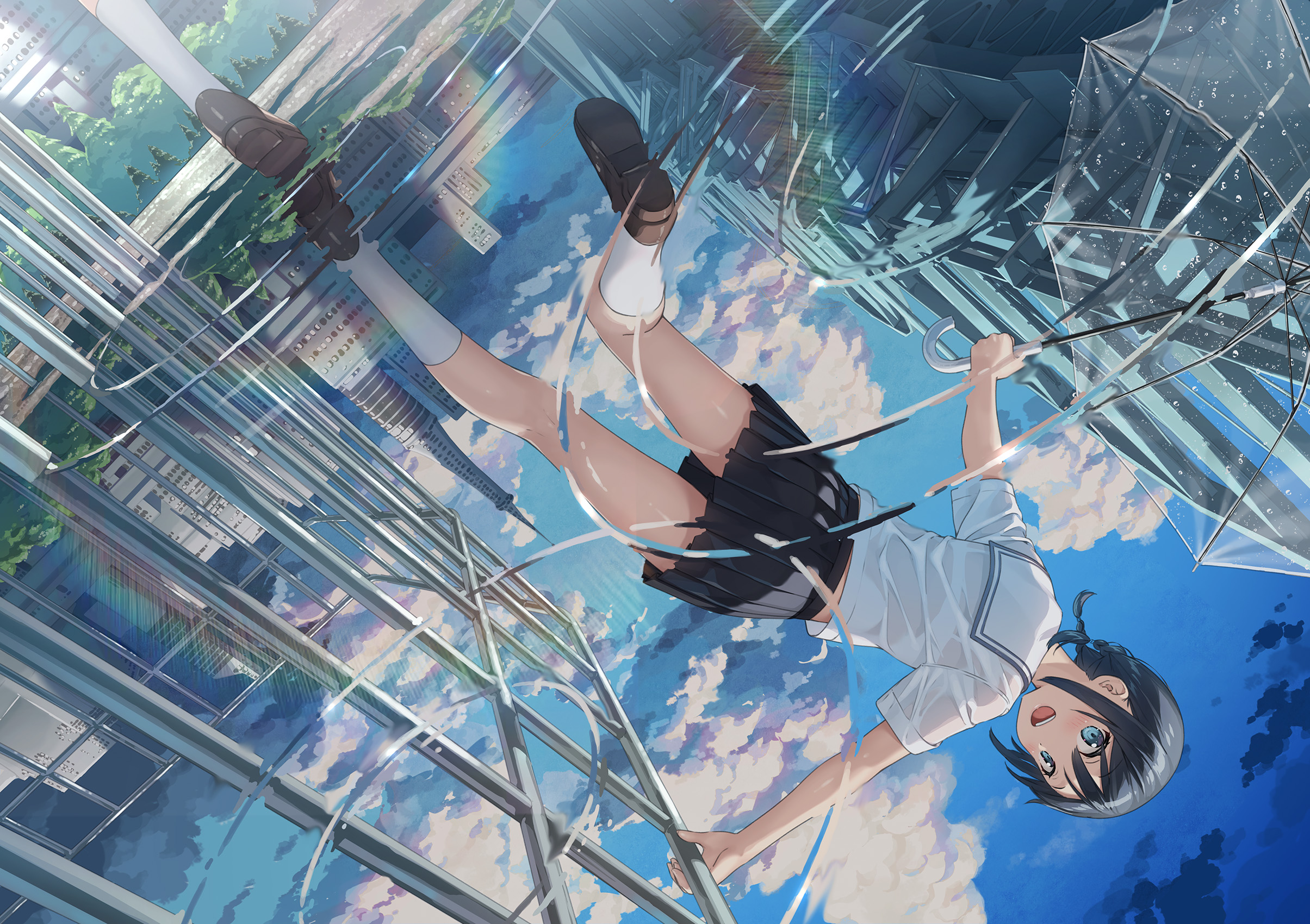 Anime 2409x1700 Kantoku anime girls schoolgirl school uniform reflection water wet clothing clouds umbrella outdoors rainbows short hair sky looking back looking at viewer city building cityscape puddle ripples blue eyes dark hair sunlight knee-highs cumulus skirt blushing open mouth wet