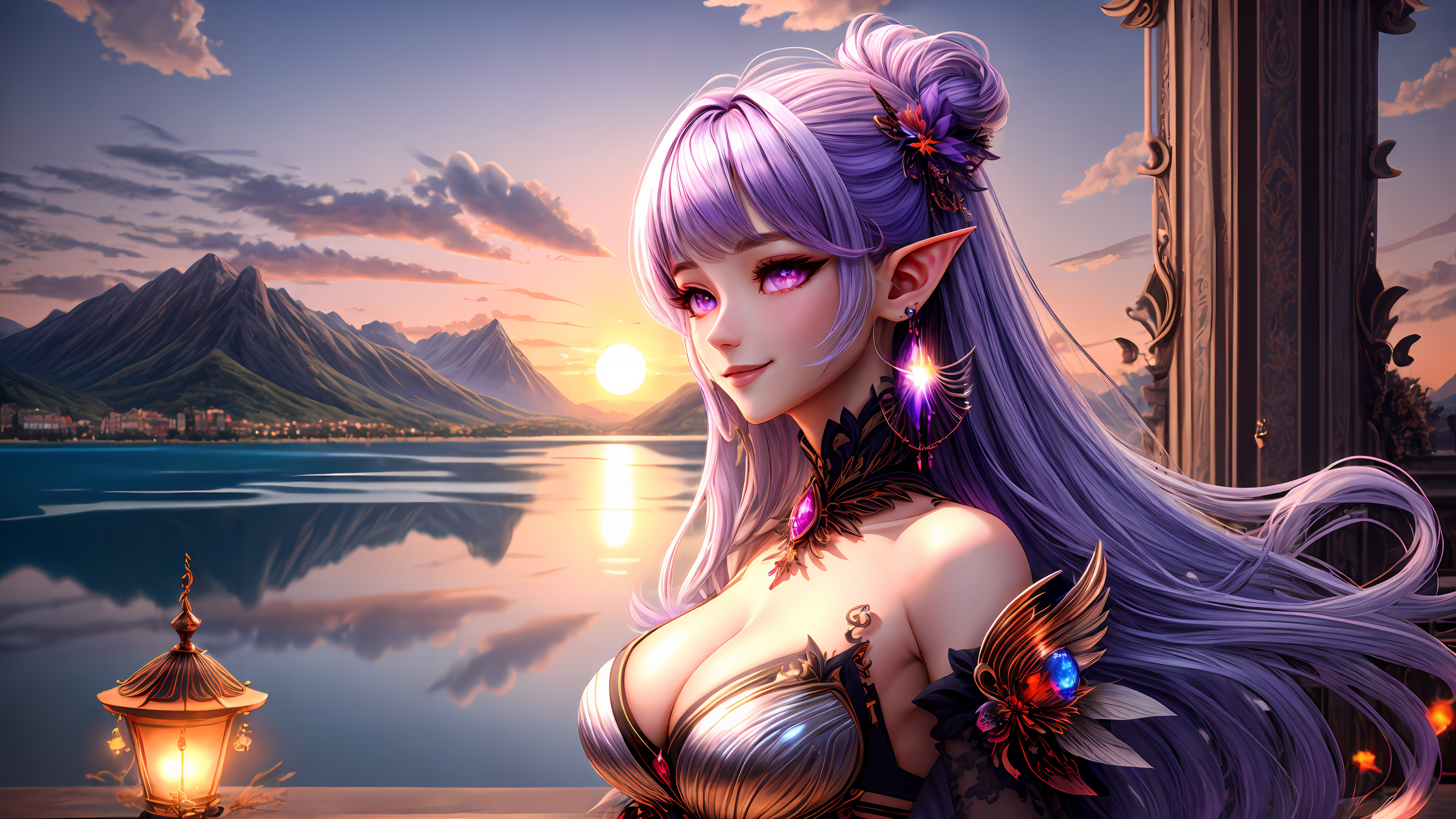 General 3840x2160 AI art women elf girl purple hair purple eyes cleavage fantasy art portrait lake lantern detailed character design  sunset sky water mountains horizon nature earring pointy ears comforting idyllic bare shoulders 4K Stable Diffusion photopea DeviantArt smiling big boobs reflection clouds long hair