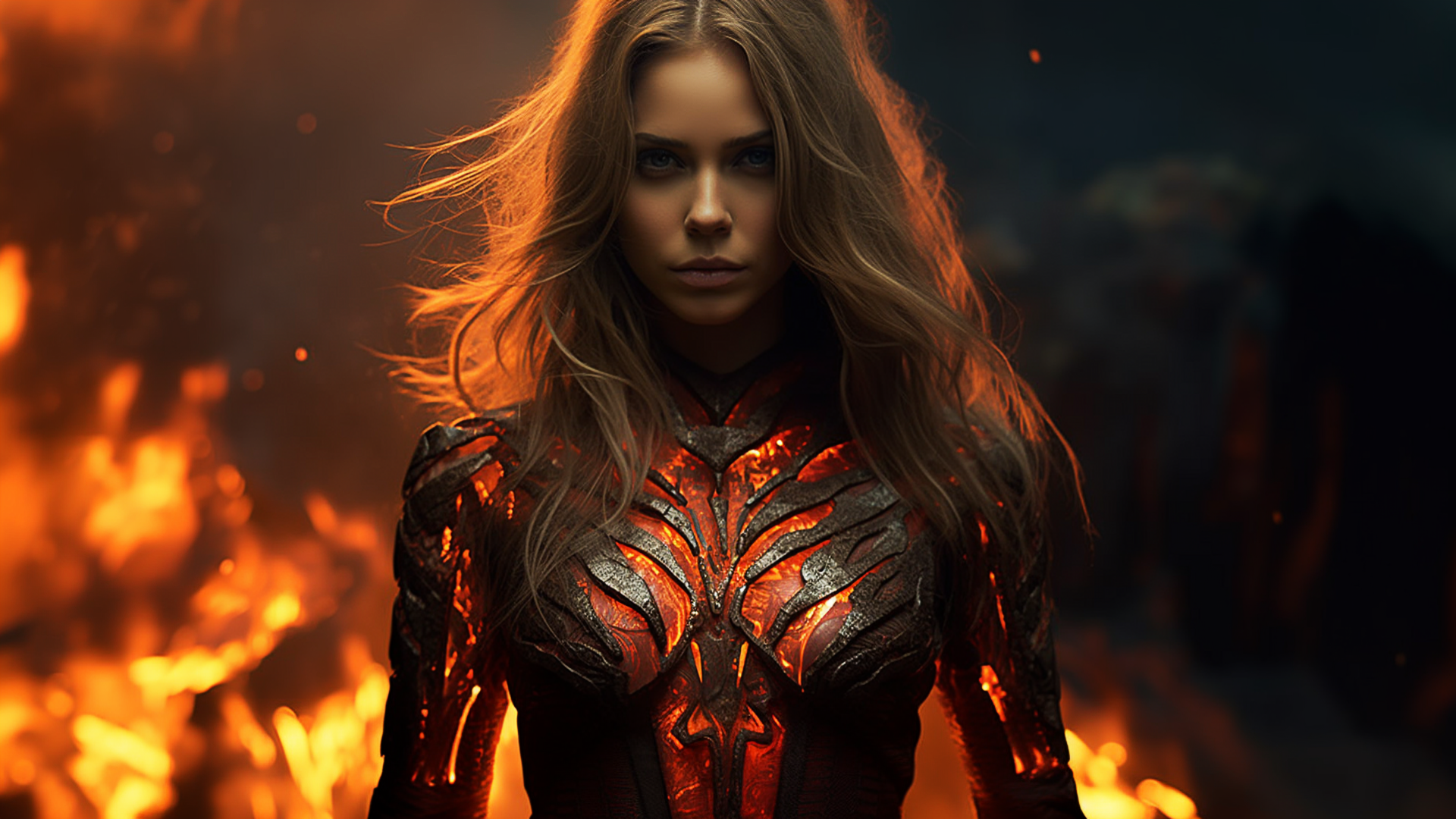 General 1920x1080 AI art armor lava women looking at viewer long hair minimalism simple background fire blurred blurry background digital art