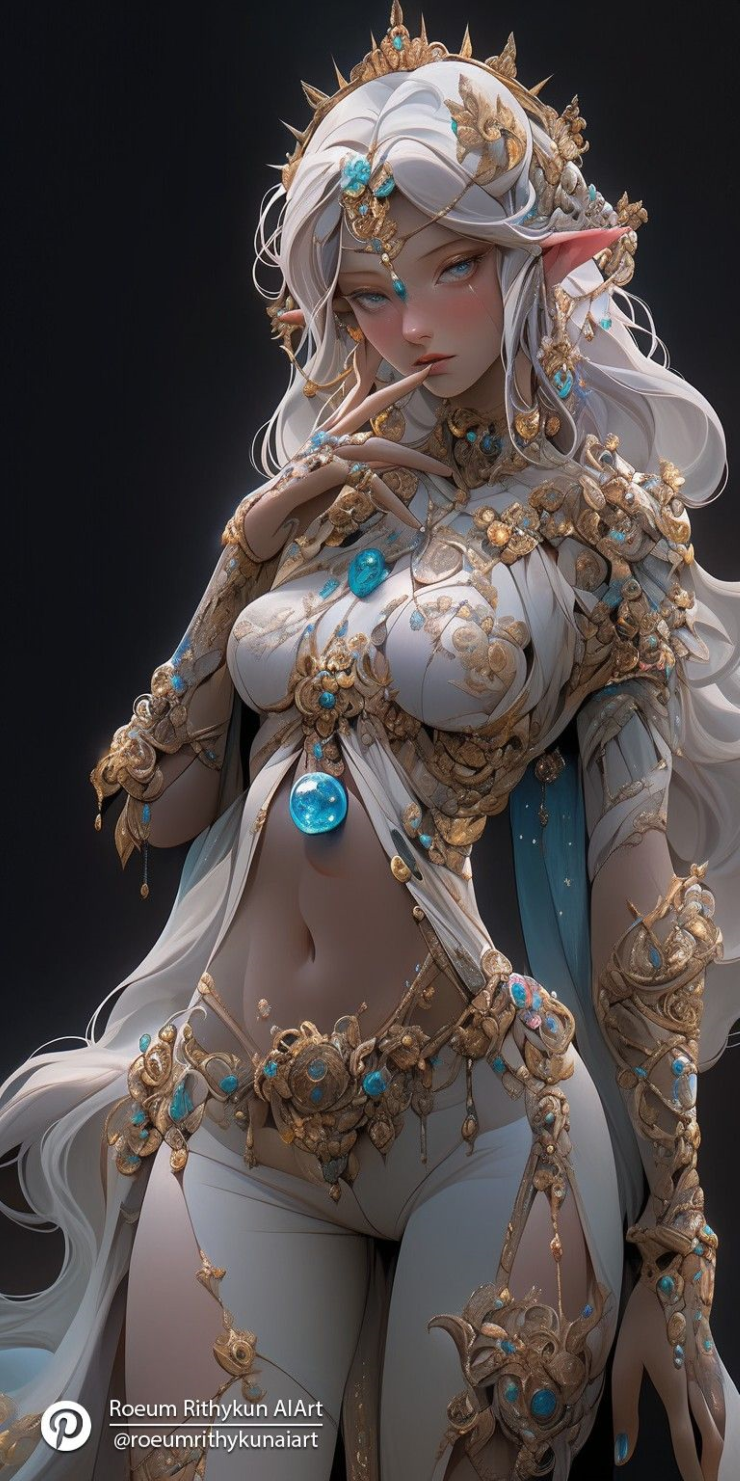 General 1440x2880 elf princess white hair pointy ears AI art portrait display standing belly belly button black background simple background minimalism long hair watermarked jewelry looking at viewer
