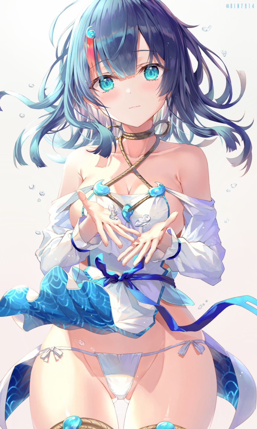 Anime 864x1440 Pixiv anime anime girls portrait display long hair panties thighs looking at viewer white background simple background minimalism cleavage big boobs sideboob water drops standing ropes