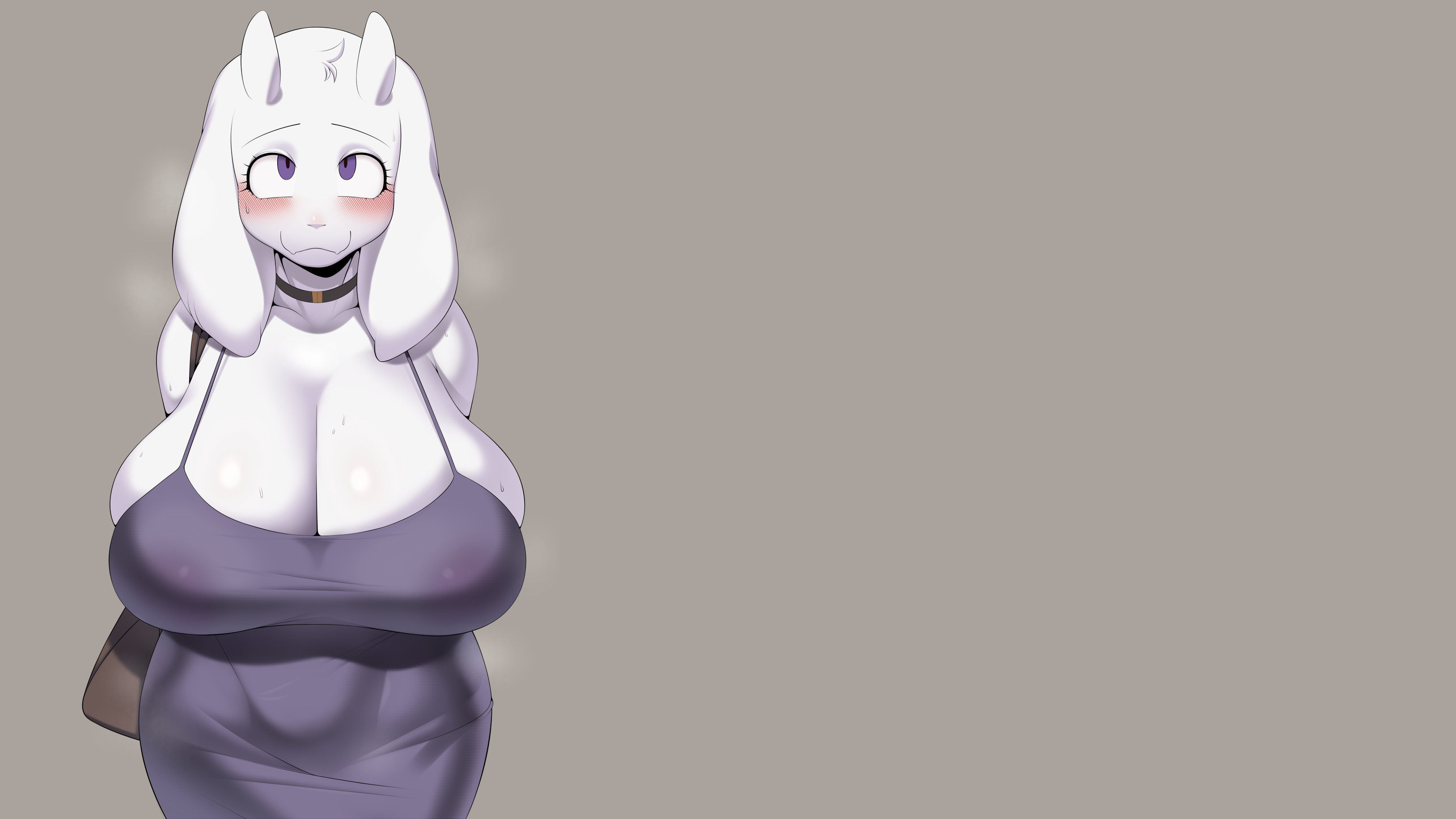 Anime 3256x1832 ecchi furry furry girls boobs big boobs wide hips cervina7 Anthro blushing Undertale Toriel simple background cleavage huge breasts sweat minimalism looking at viewer