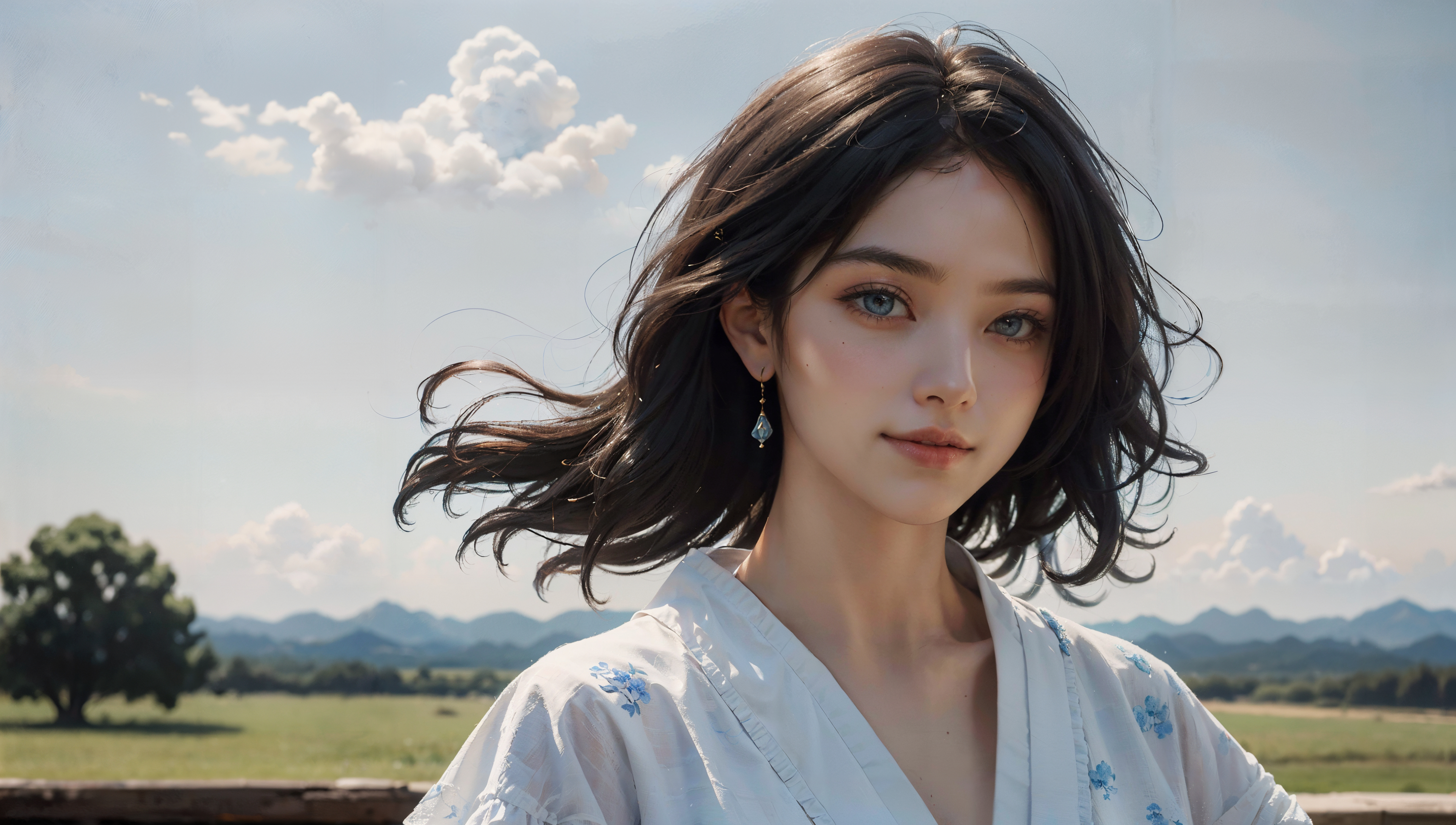 General 3840x2176 women AI art Asian hair blowing in the wind sky clouds earring looking at viewer smiling mountains trees grass