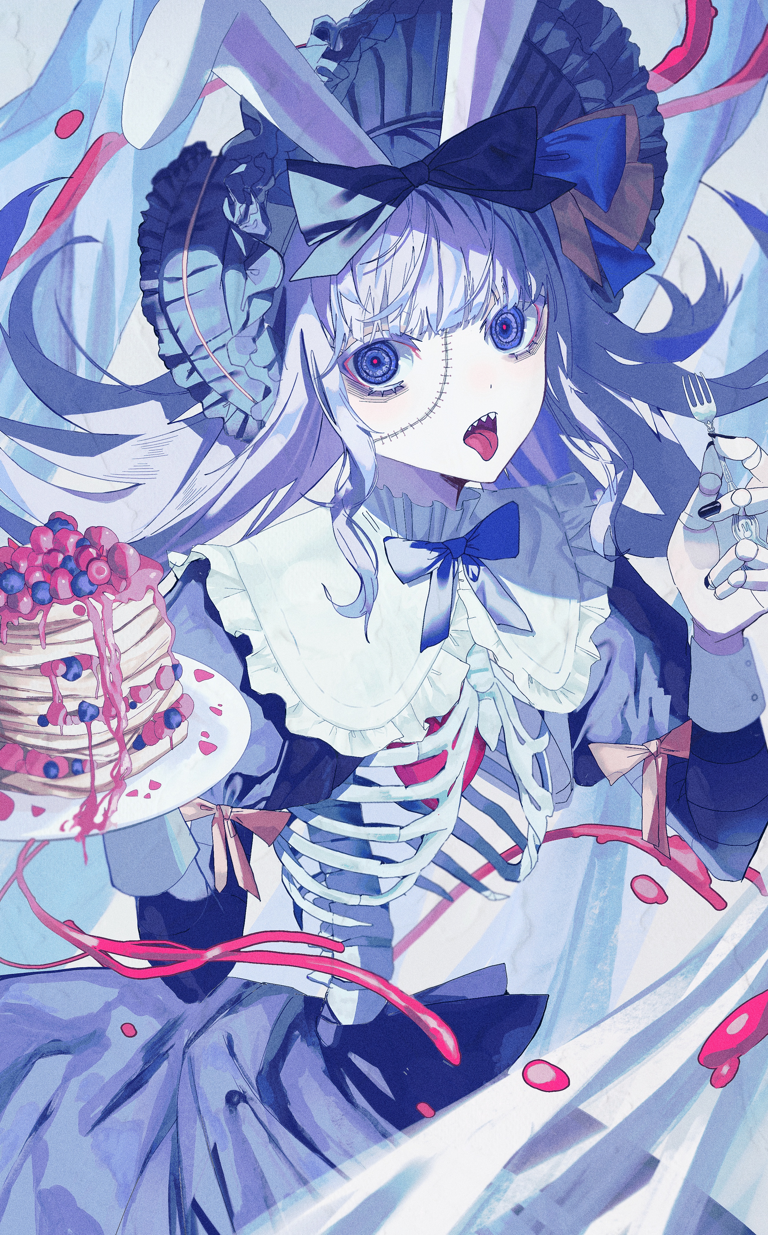 Anime 2610x4200 anime anime girls portrait display tongue out looking at viewer pancakes berries ribs bones heart bow tie fork bunny ears bunny girl maid maid outfit