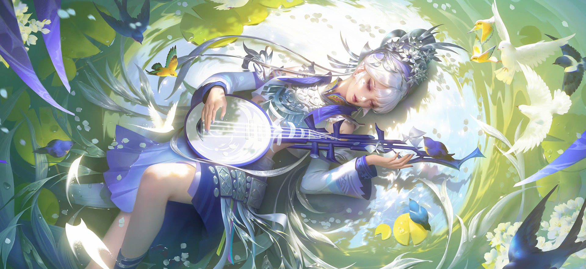 Anime 1920x882 Honor of Kings video game art video game characters video games lying down lying on back water lilies musical instrument water