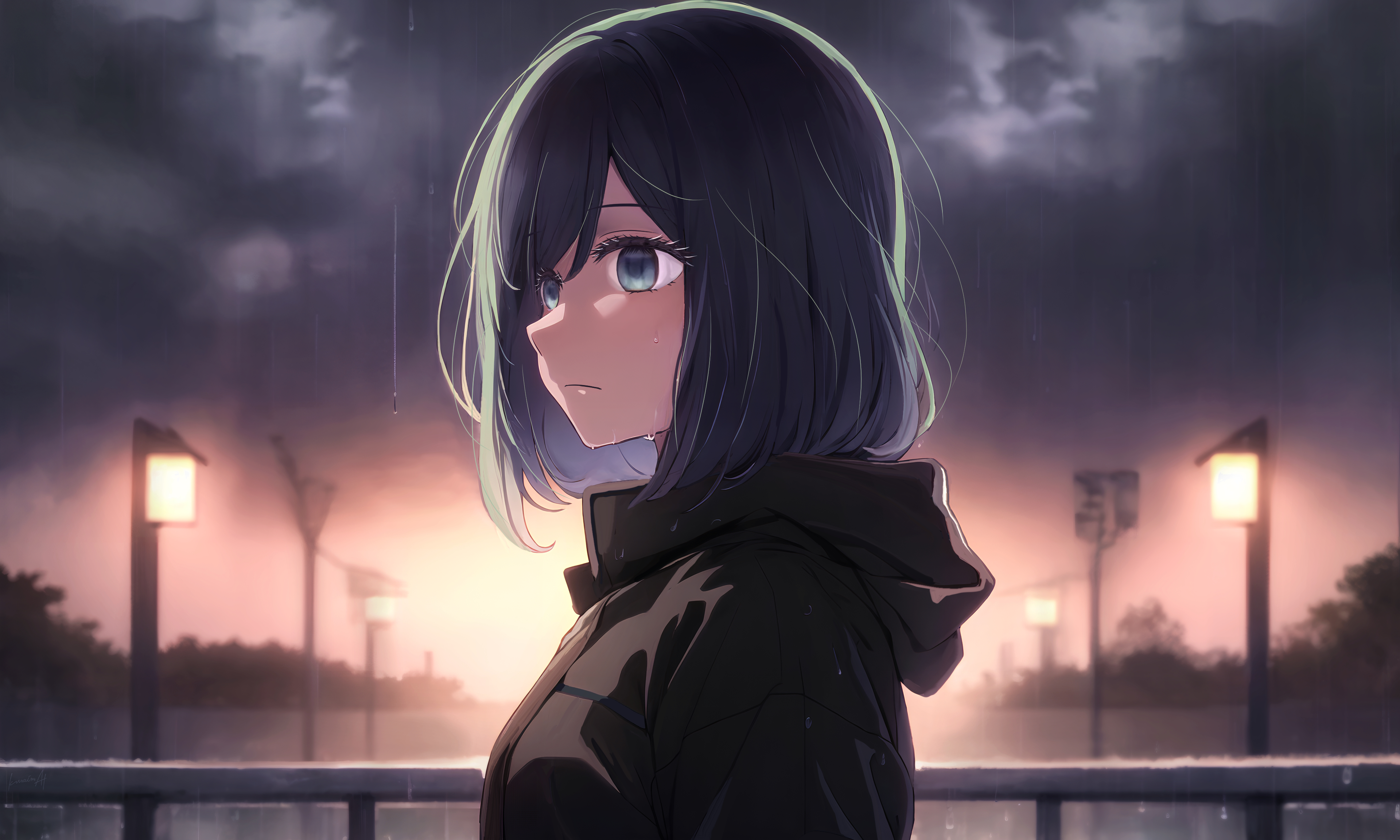 Anime 3840x2304 Oshi no Ko Kurokawa Akane anime girls short hair sky clouds rain jacket wet