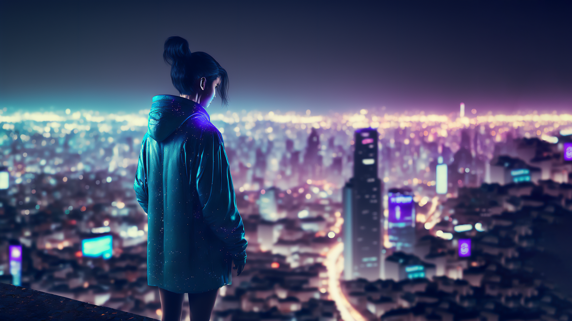 General 1920x1080 AI art illustration cyberpunk rooftops city night city lights