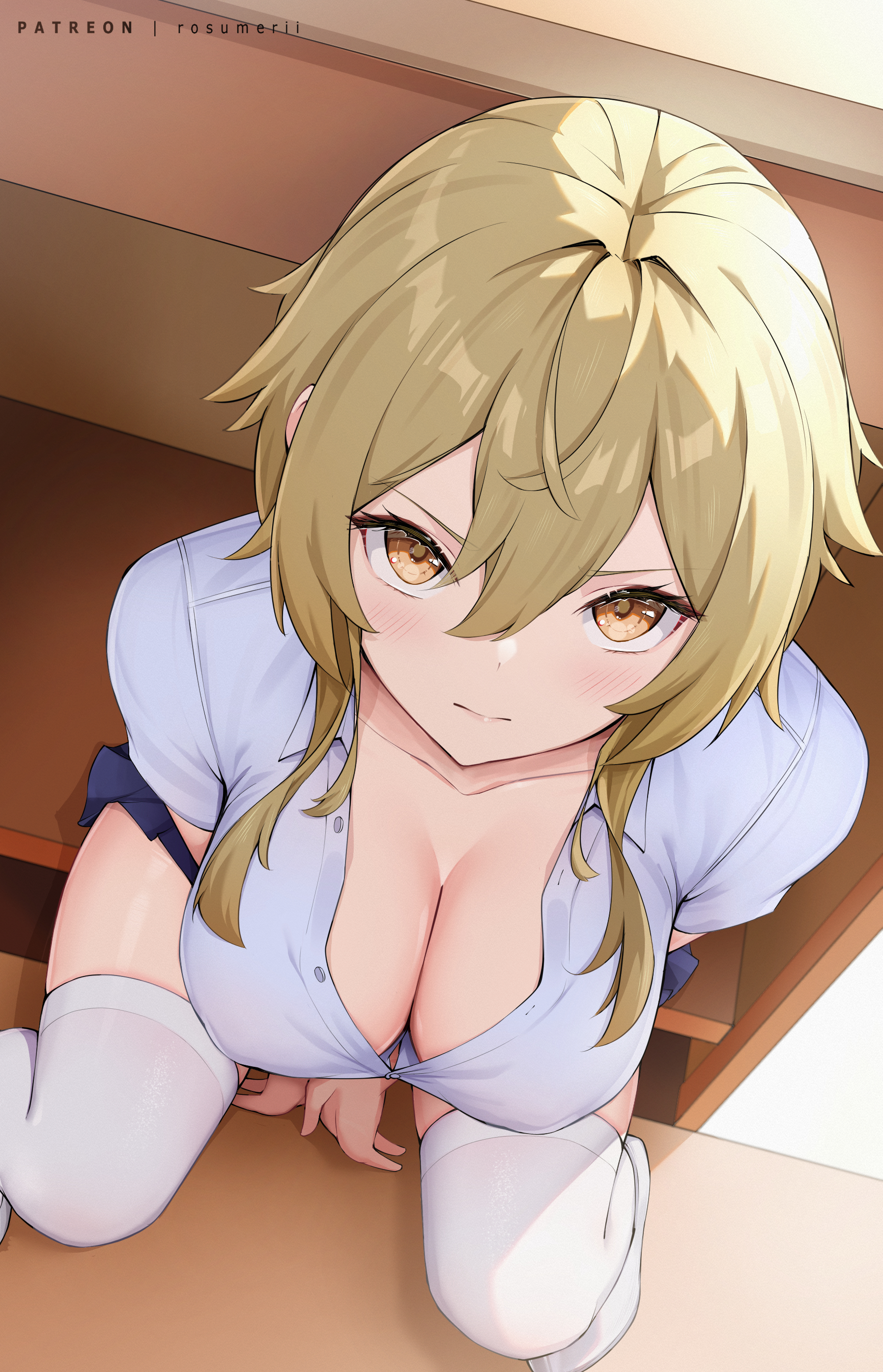 Anime 1797x2792 anime girls boobs big boobs cleavage portrait display unbuttoned stockings blonde yellow eyes Rosumerii