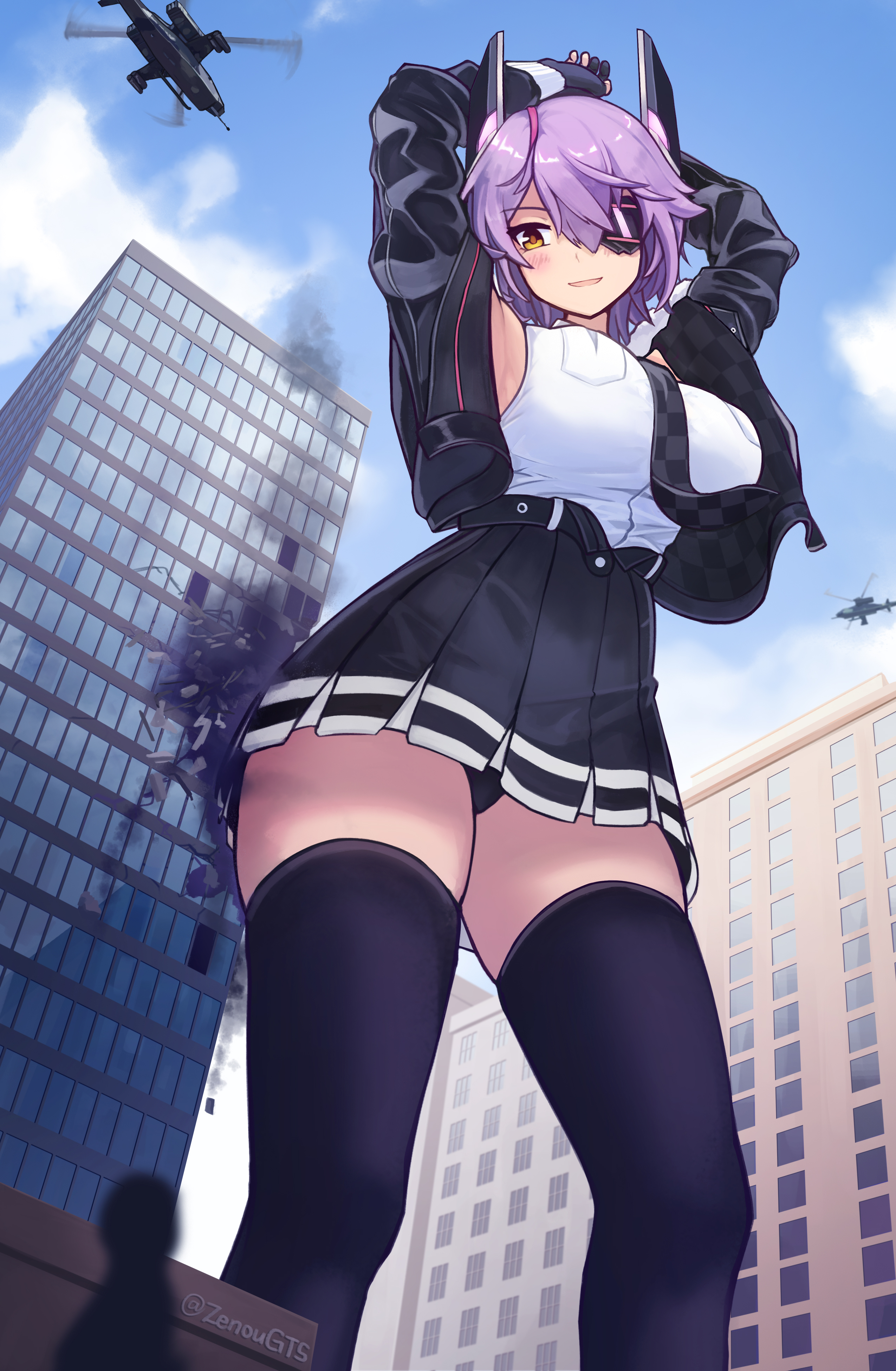 Anime 2550x3900 anime anime girls portrait display giant Tenryuu (KanColle) Kantai Collection purple hair yellow eyes blushing stockings building tie helicopters low-angle text