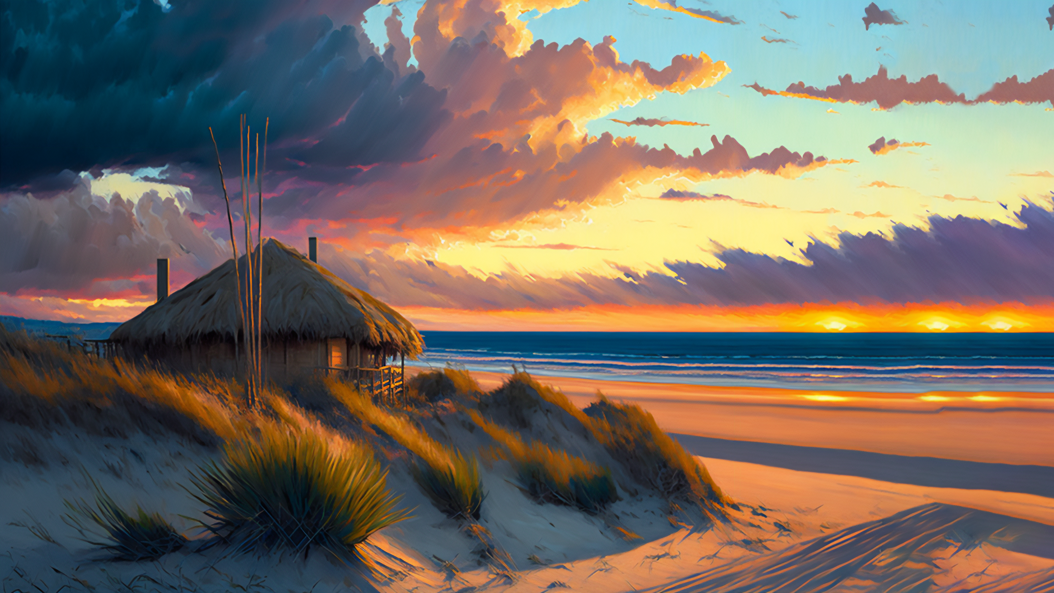 General 3641x2048 beach sunset hut illustration sunset glow clouds water AI art