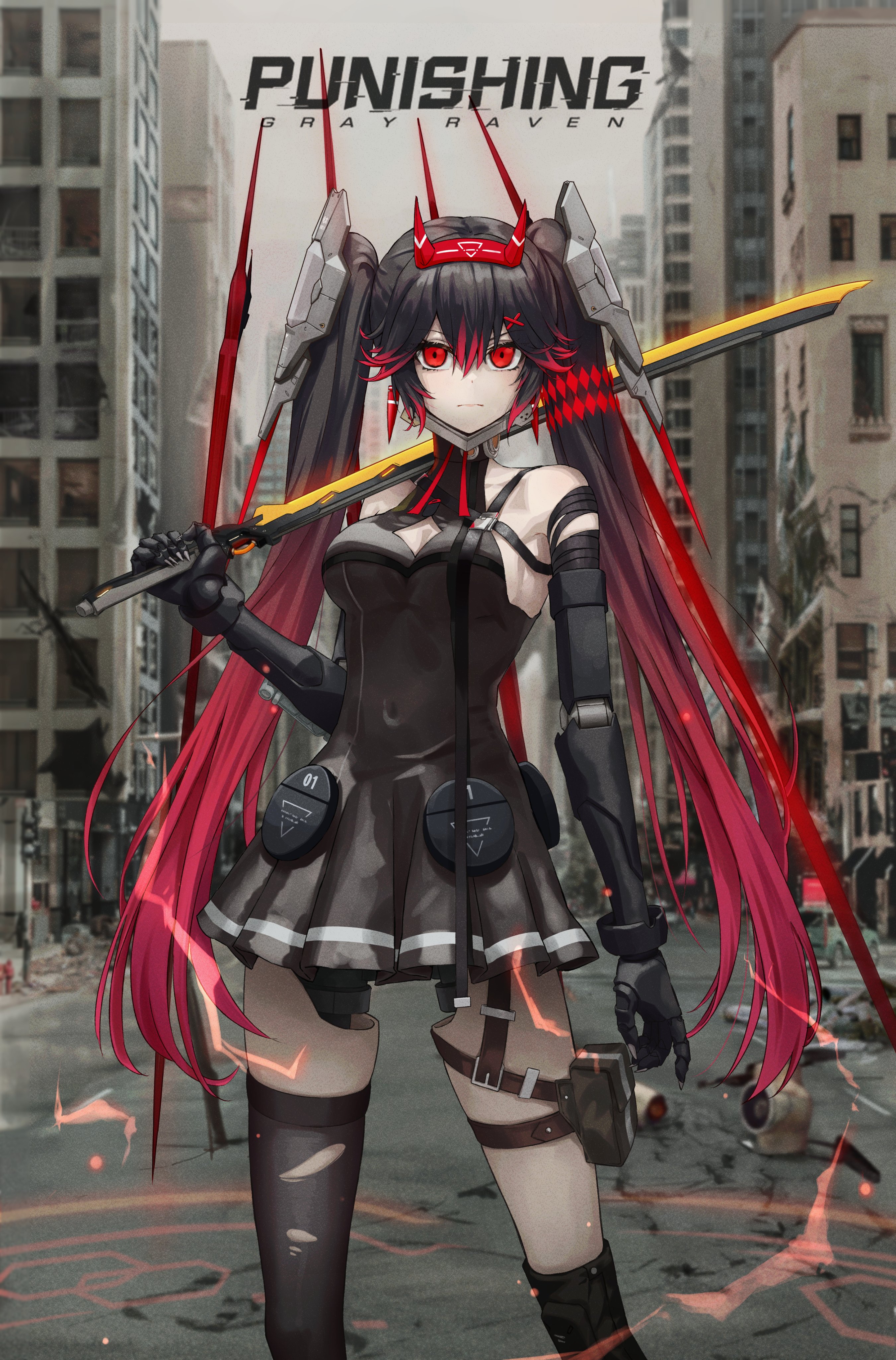 Anime 2700x4096 anime girls twintails gradient hair weapon two tone hair torn stockings stockings city portrait display Punishing: Gray Raven Lucia (Punishing Gray Raven)