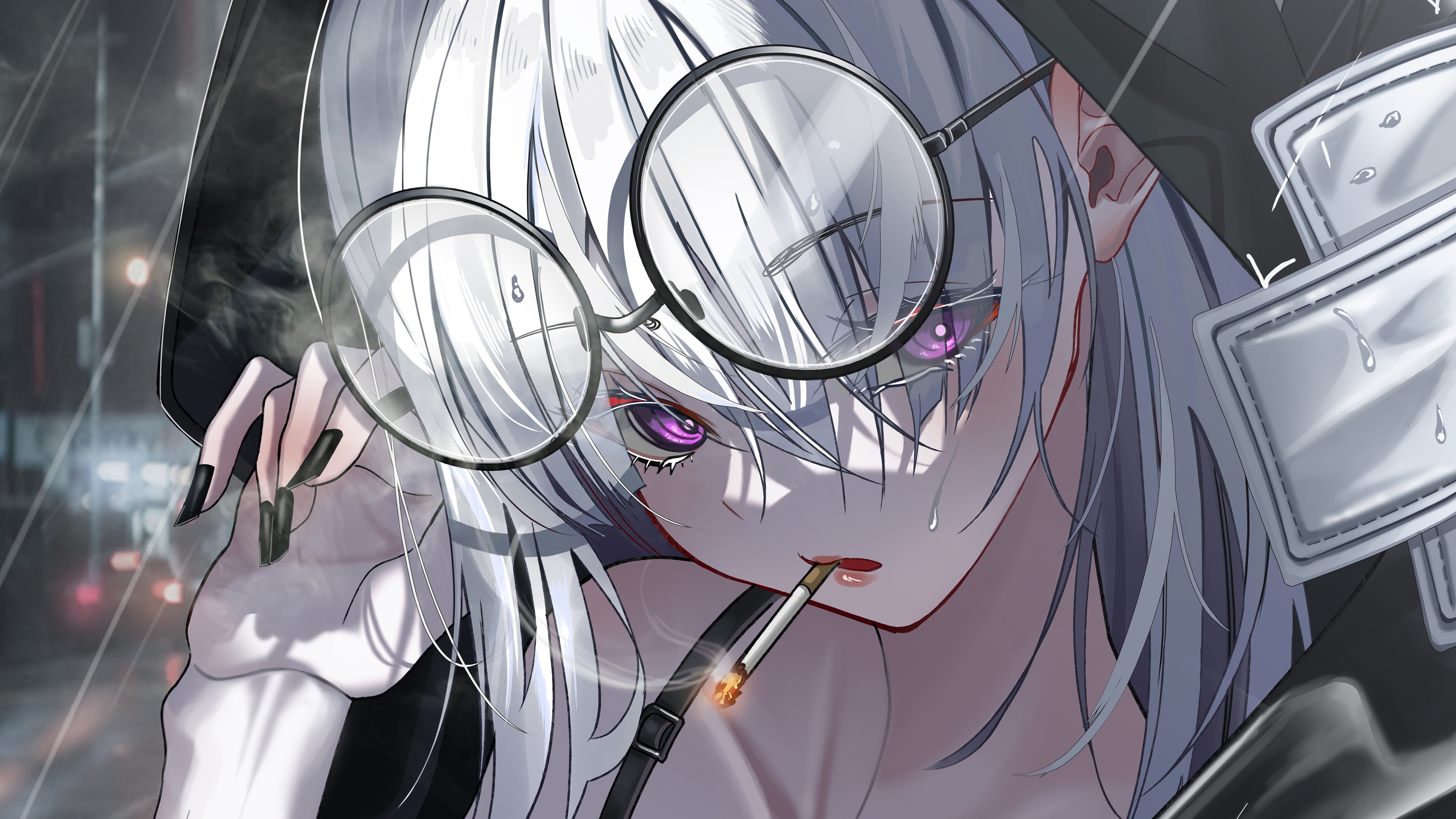 Anime 3840x2160 anime anime girls glasses smoking purple eyes smoke rain long nails black nails white hair