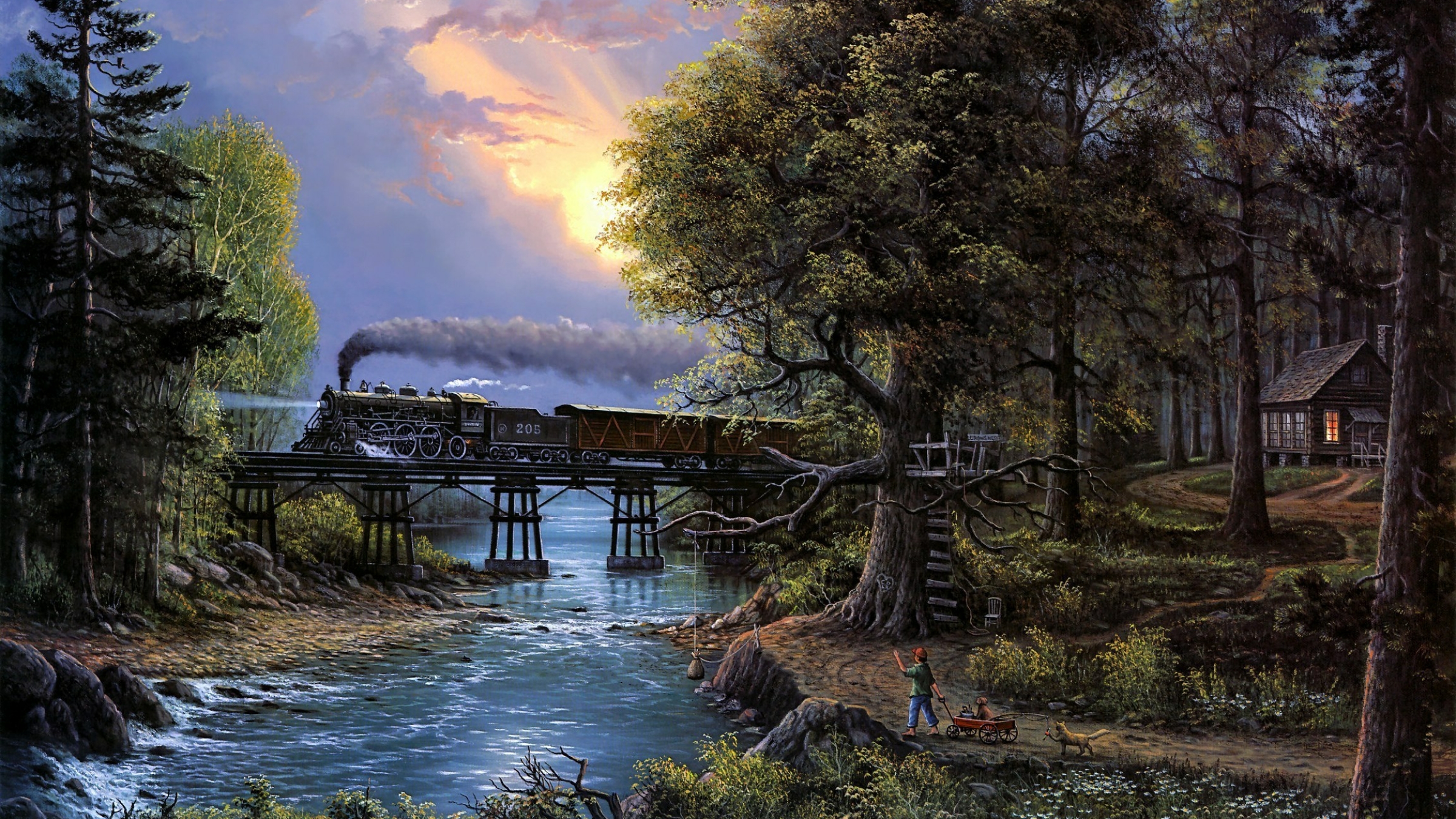 General 2400x1350 train painting steam locomotive water forest trees cabin sunset glow digital art