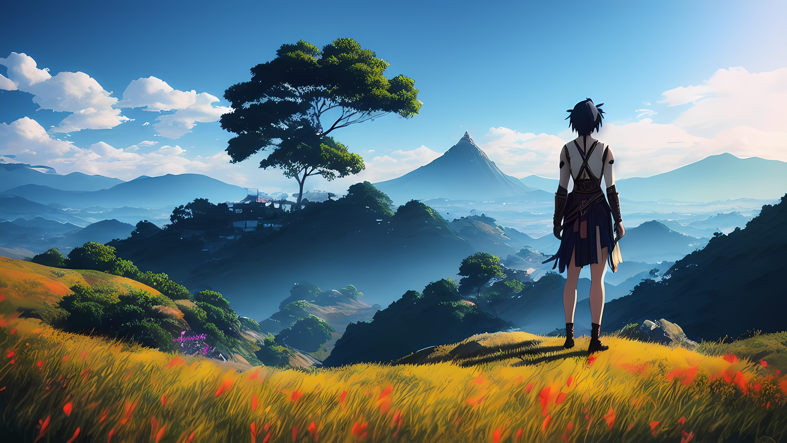 Anime 2560x1440 Stable Diffusion anime girls nature mountains trees clouds AI art